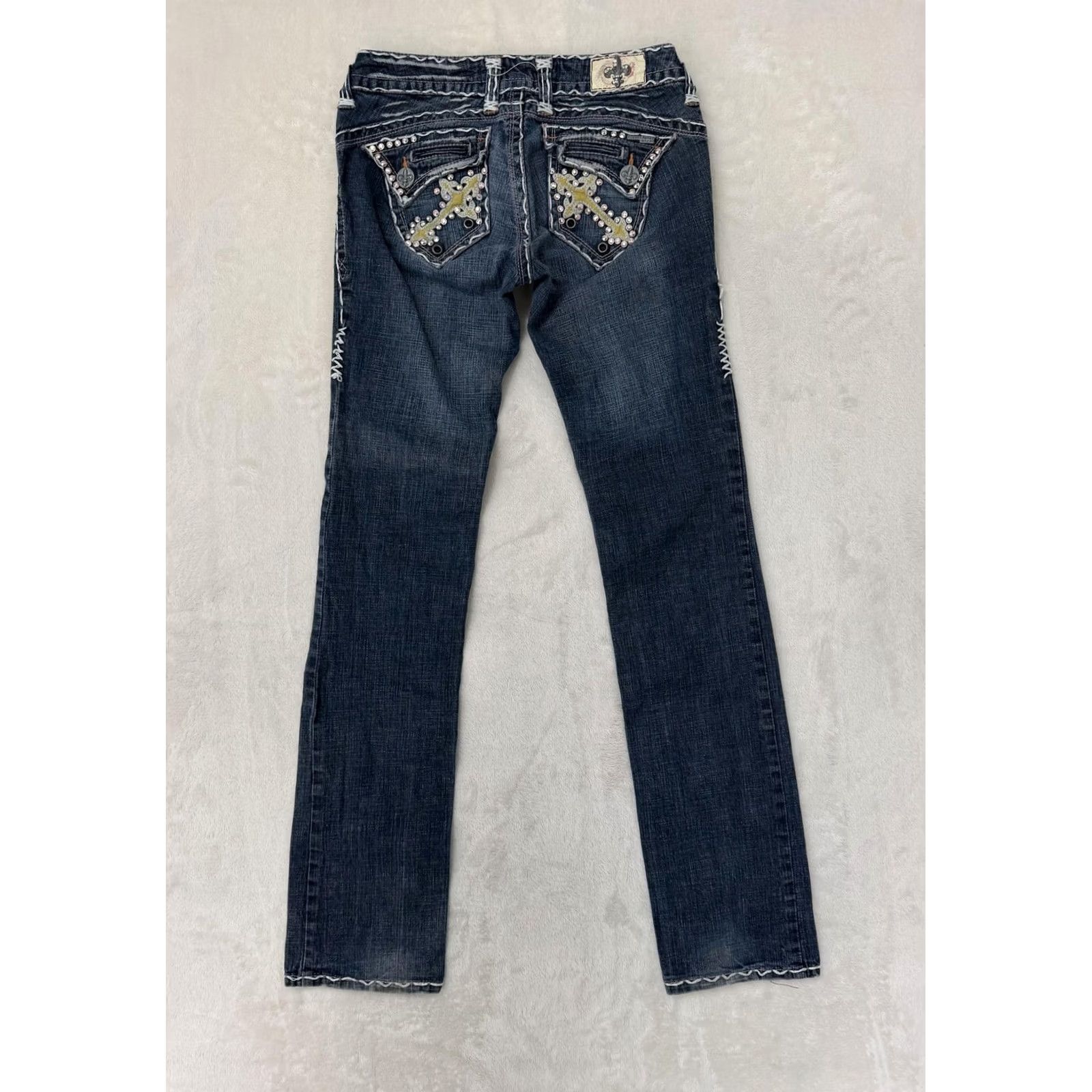 Vintage Laguna Beach Jeans Pants Womens 28x34 Low Rise Straight Rhinestone Cross Denim Blue 5-Pocket Distressed Mojave Style Mens Womens Size 29" - 2 Thumbnail