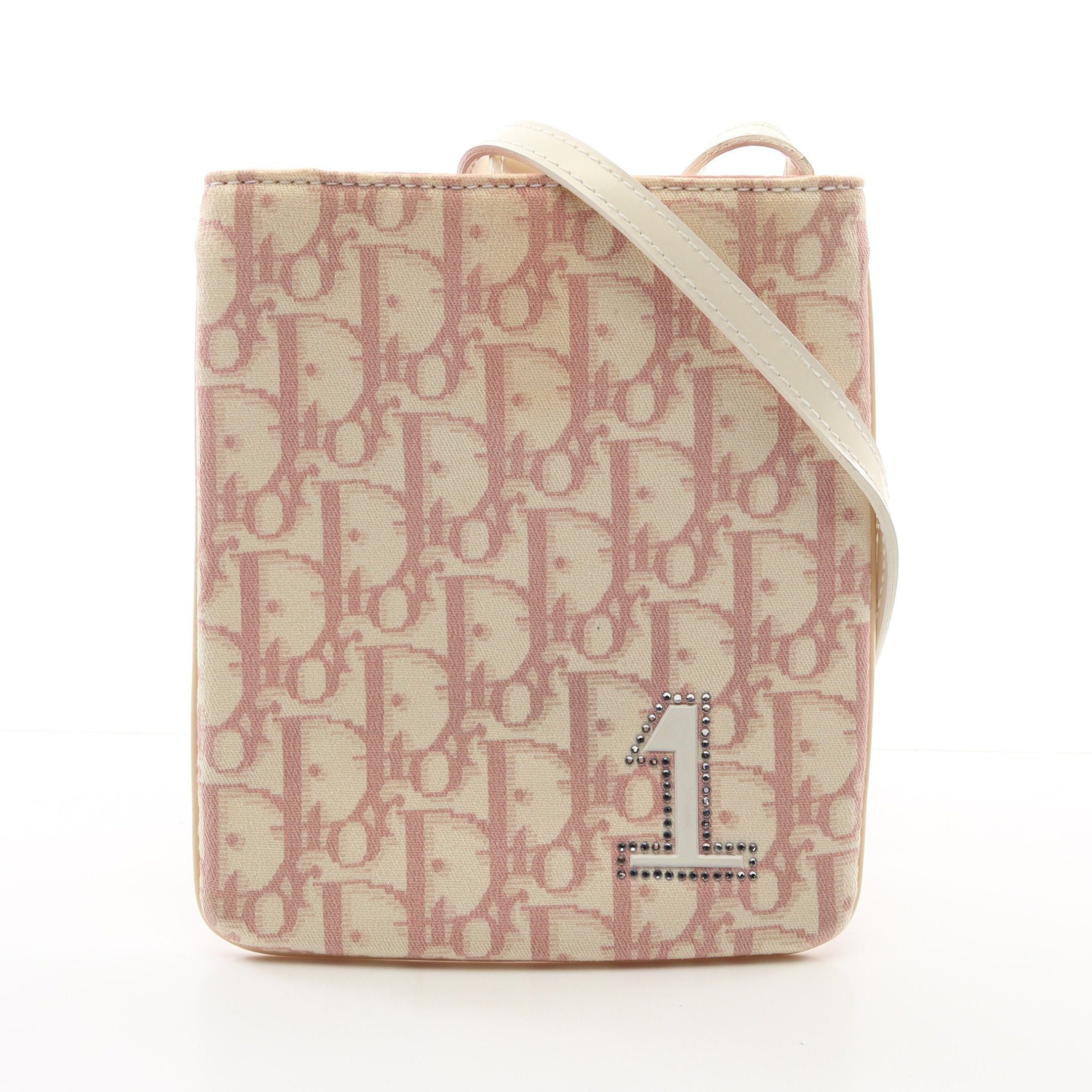 Dior Trotter Shoulder Bag Rhinestone Canvas Leather Pink White, Women's