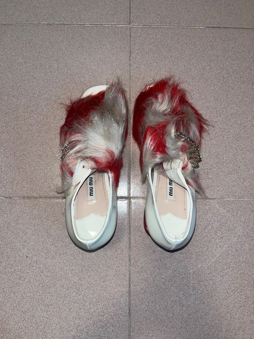 image of Miu Miu Faux Fur Heel Shoes in White/Red, Women's (Size 10)