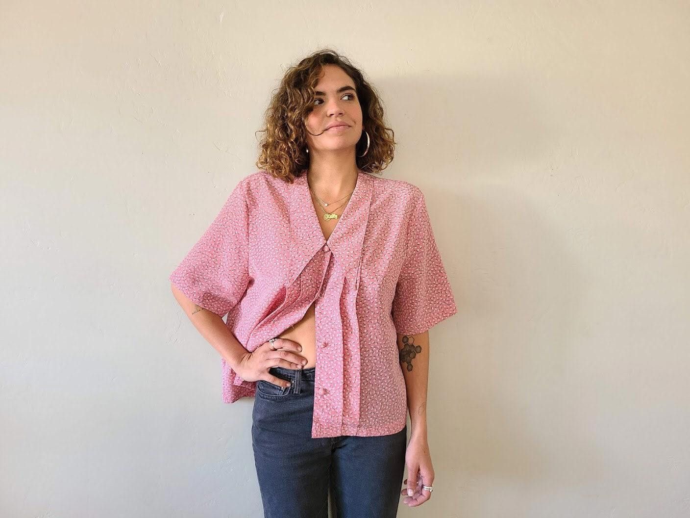 Designer Vintage 80s Pink Blouse 1980s Eighties Floral Button up Size M / US 6-8 / IT 42-44 - 3 Thumbnail