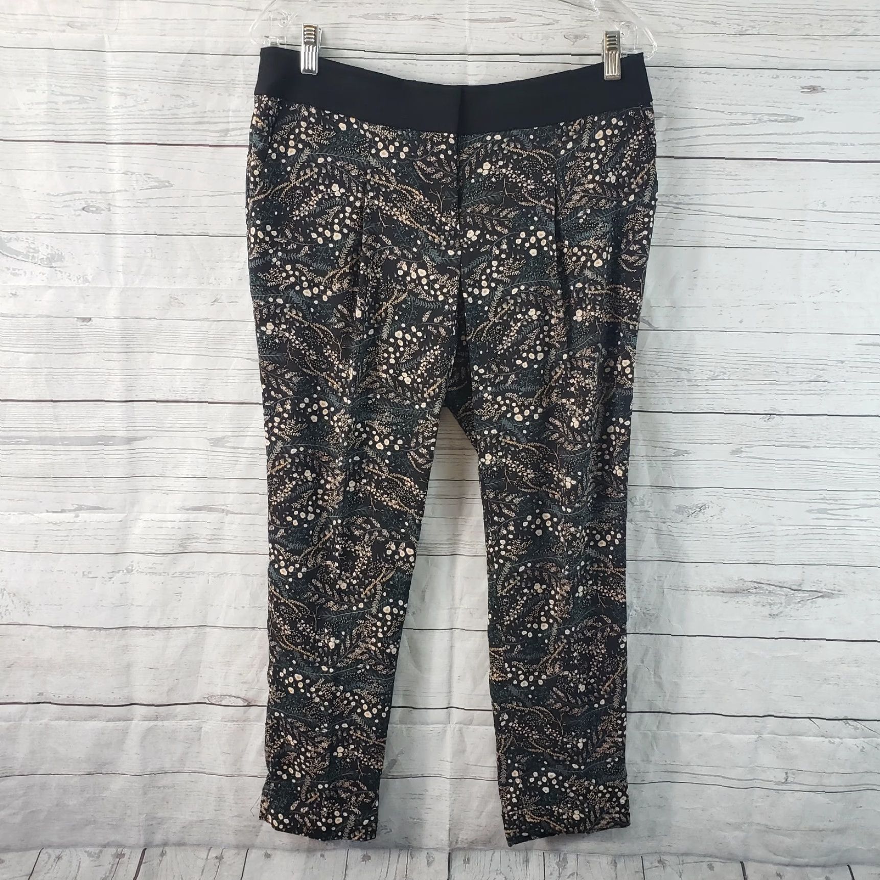 Ann Taylor VINTAGE: Ann Taylor LOFT Womens Cropped Pants Sz 6P Black Green Floral Cuffed Mid Rise Size 28" / US 6 / IT 42 - 2 Thumbnail