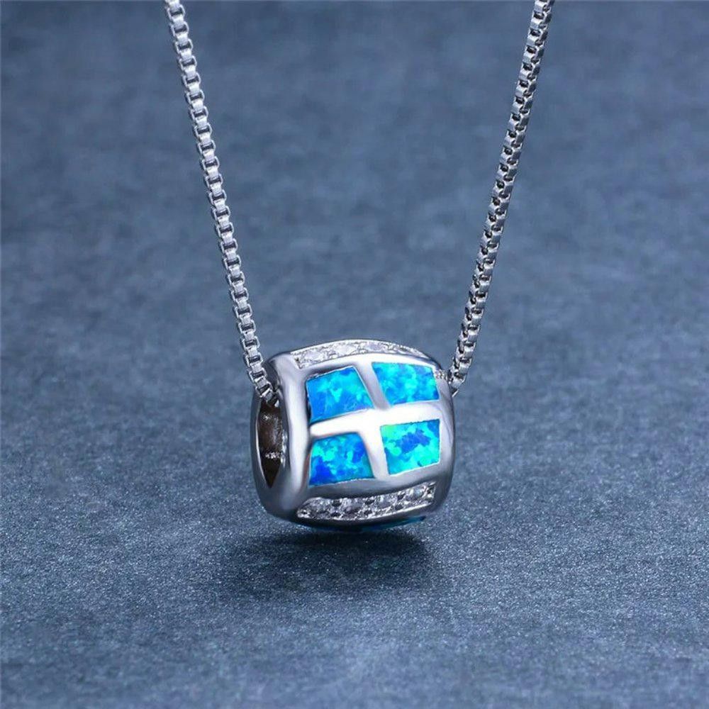 Designer Blue Opal Round Rum Barrel Silver Necklace & Chain Size ONE SIZE - 6 Thumbnail