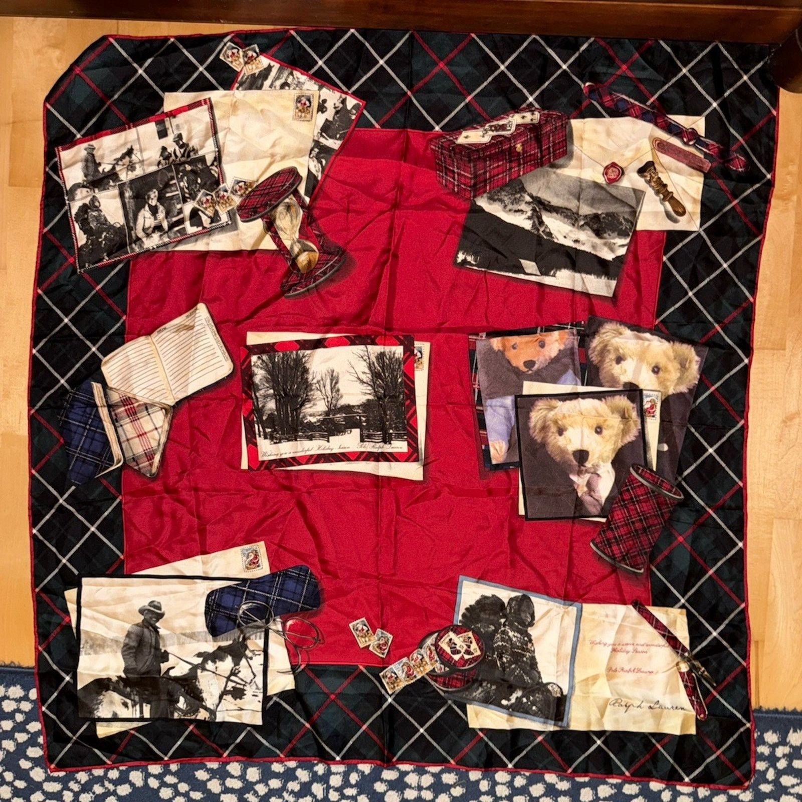 Ralph Lauren Holiday Christmas Bear postcard silk scarf 35