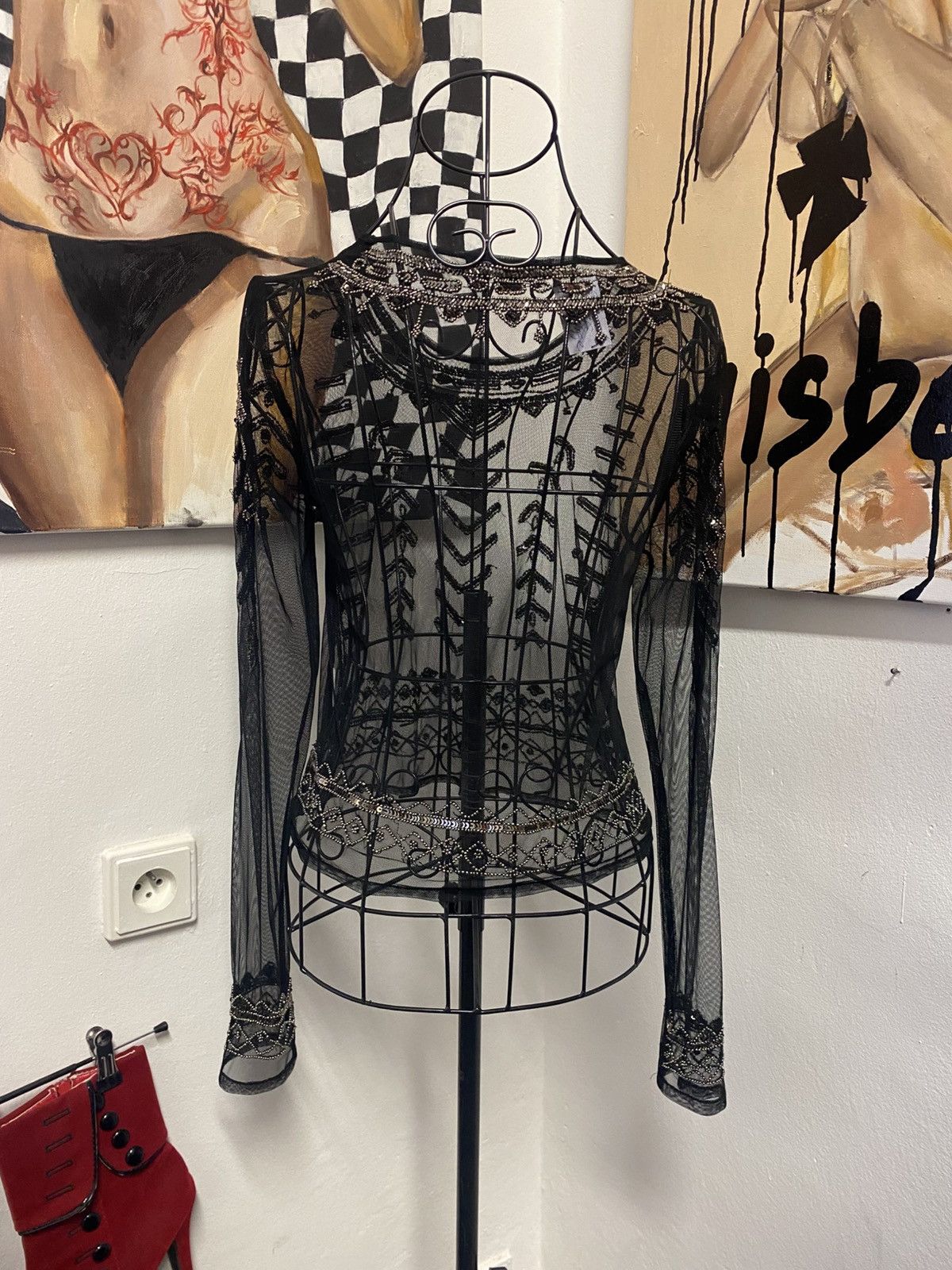 Vintage Black transparent long-sleeved top with beautiful patterns Size L / US 10 / IT 46 - 4 Thumbnail