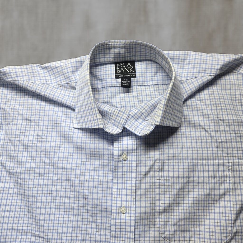 Jos. A. Bank Jos A Bank Traveler Shirt White Blue Check Plaid Button Up Dress Adult Men 16 35 Shirt Men 16 Blue Plaid Button-Up DIY Size 42R - 1 Thumbnail