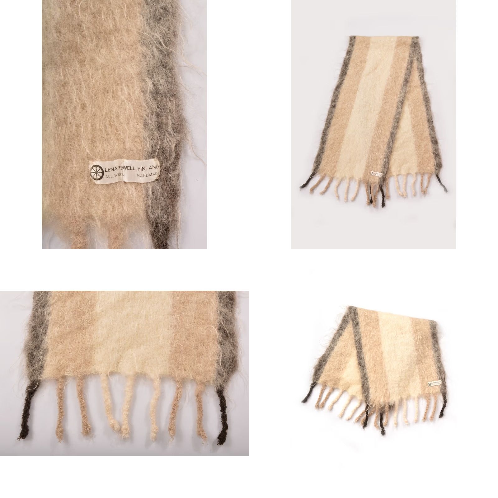 Vintage Lena Rewell Finland All Wool Handmade Scarf Size 160 x 38 cm Beige Wool Scarf Women Used Small Traces of Wear Size ONE SIZE - 8 Thumbnail