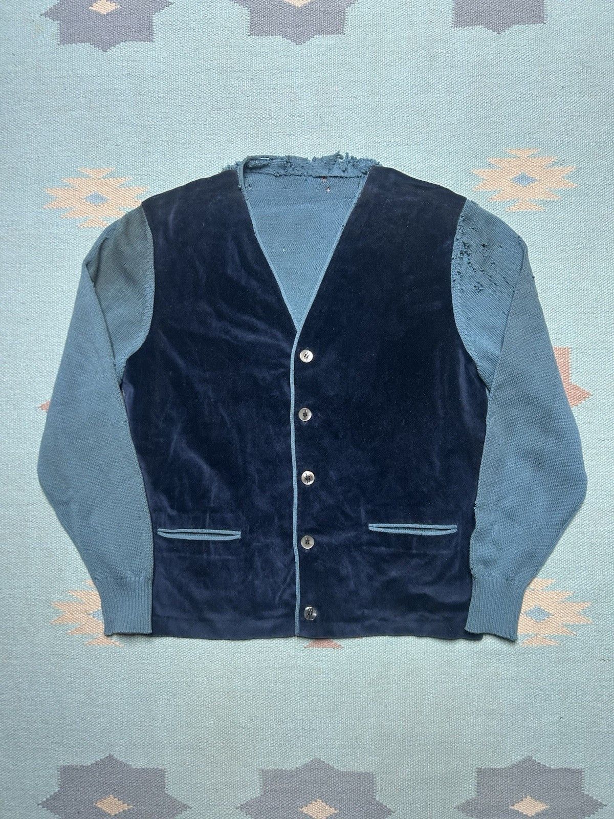 Vintage 50s cardigan sweater wool knit velour distress 2 tone Medium Size US M / EU 48-50 / 2 - 1 Thumbnail