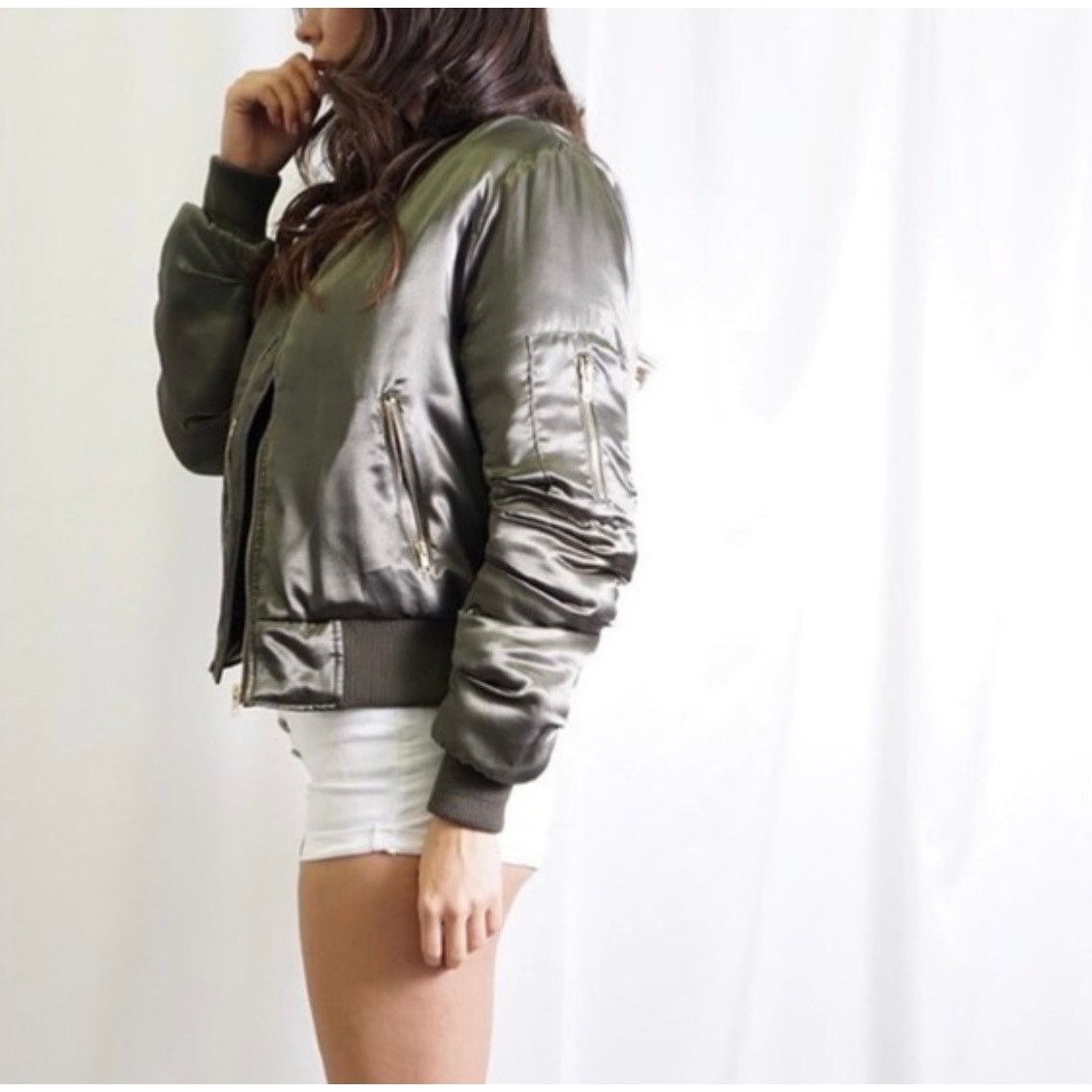 TEATORA Olive Satin Bomber Jacket Tea & Cup - Women's Size S / US 4 / IT 40 - 3 Thumbnail