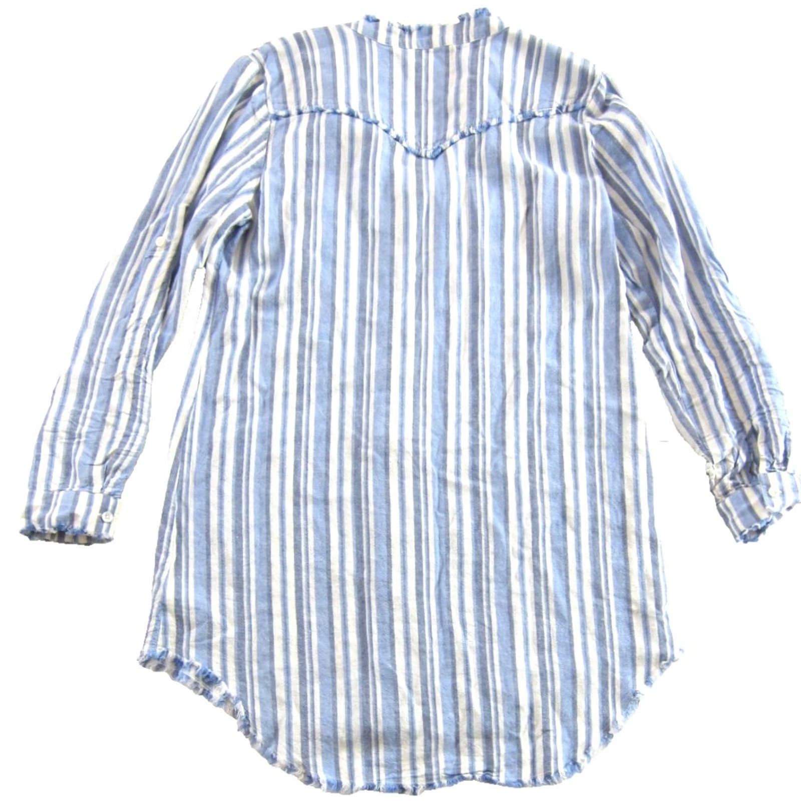 CLOT Cloth & Stone Blouse Blue White Stripe Linen Rayon Button Up Long Sleeve Tunic M Womens Size M / US 6-8 / IT 42-44 - 2 Thumbnail