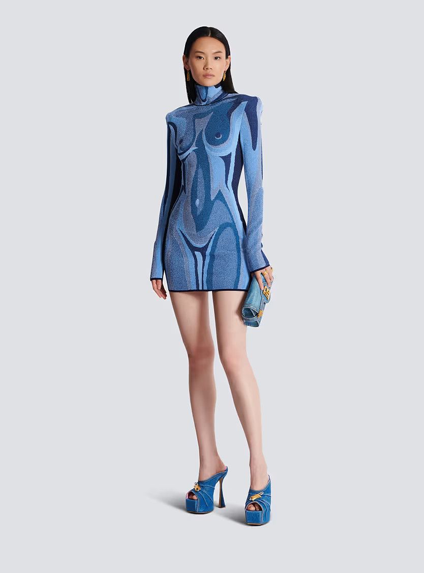 Balmain o1s1wg111225 Jacquard Knit Dress With Body Motif in Blue Size XL / US 12-14 / IT 48-50 - 3 Thumbnail