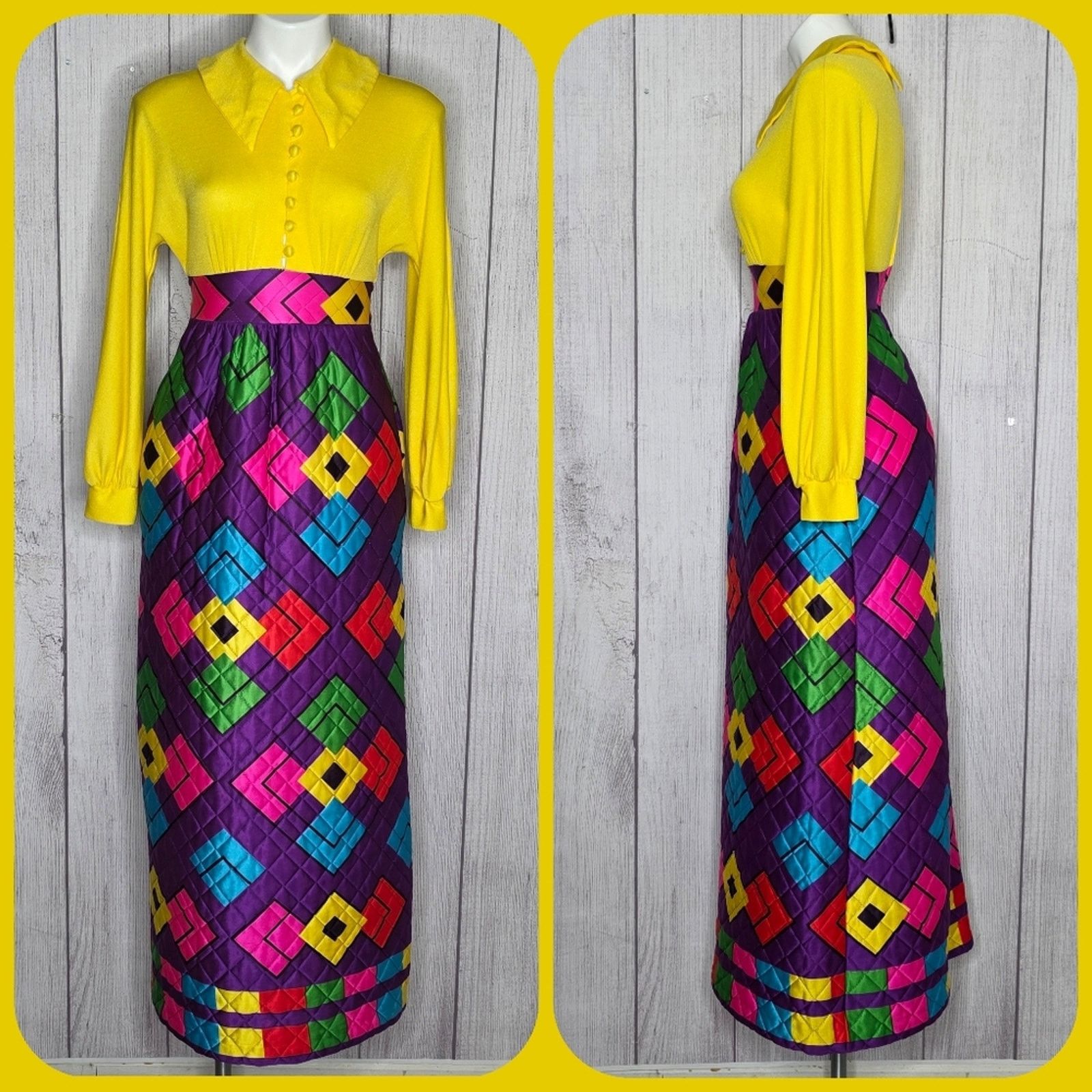 Vintage VTG Vivid Groovy Maxi Dress Dagger Collar Quilted Skirt Size XS / US 0-2 / IT 36-38 - 1 Thumbnail