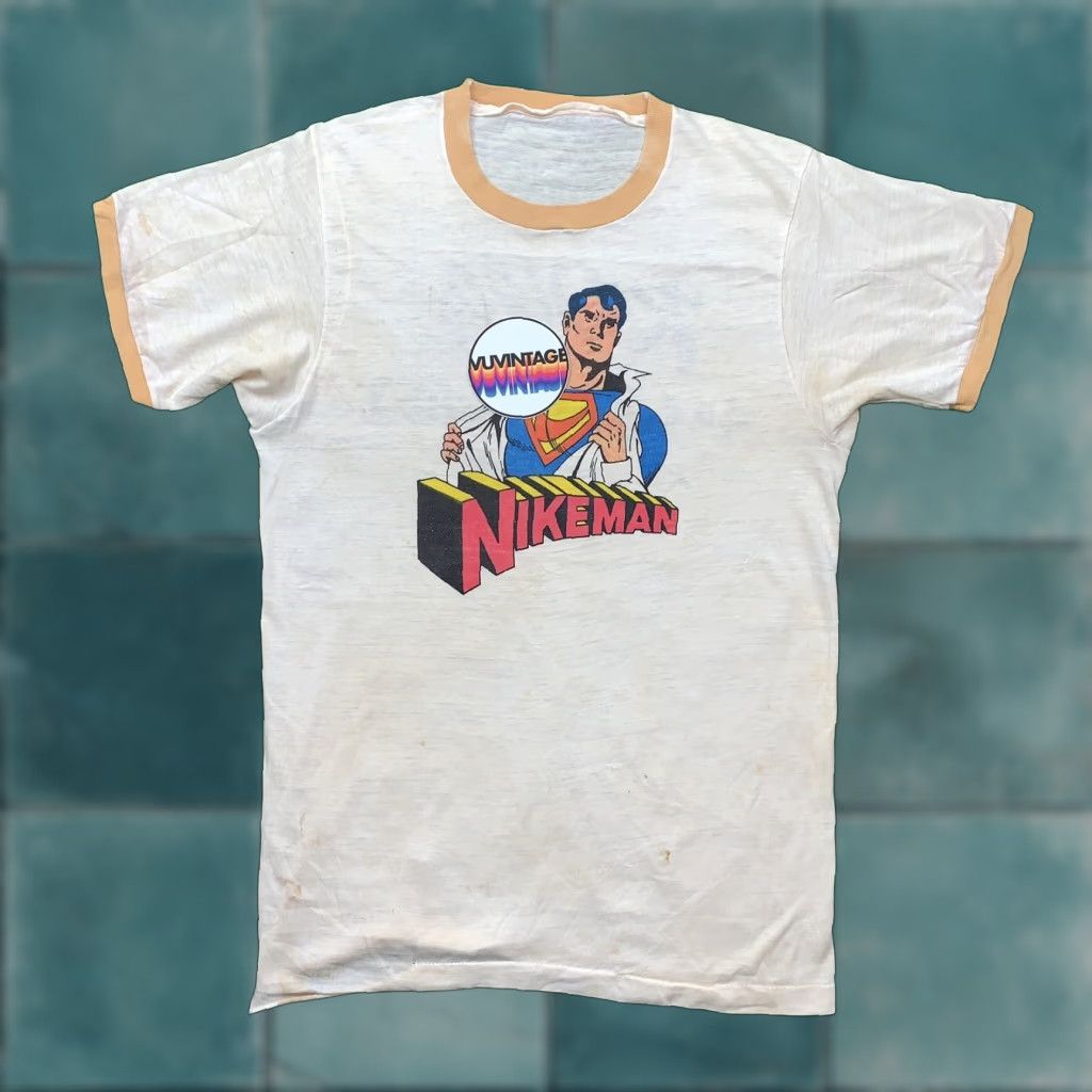 VINTAGE Nike T Shirt 70s Nike Tee Unisex Crew Neck Graphic Print Superman Geisha Hike Tan 100% Cotton M Regular Shirt Mens Boys