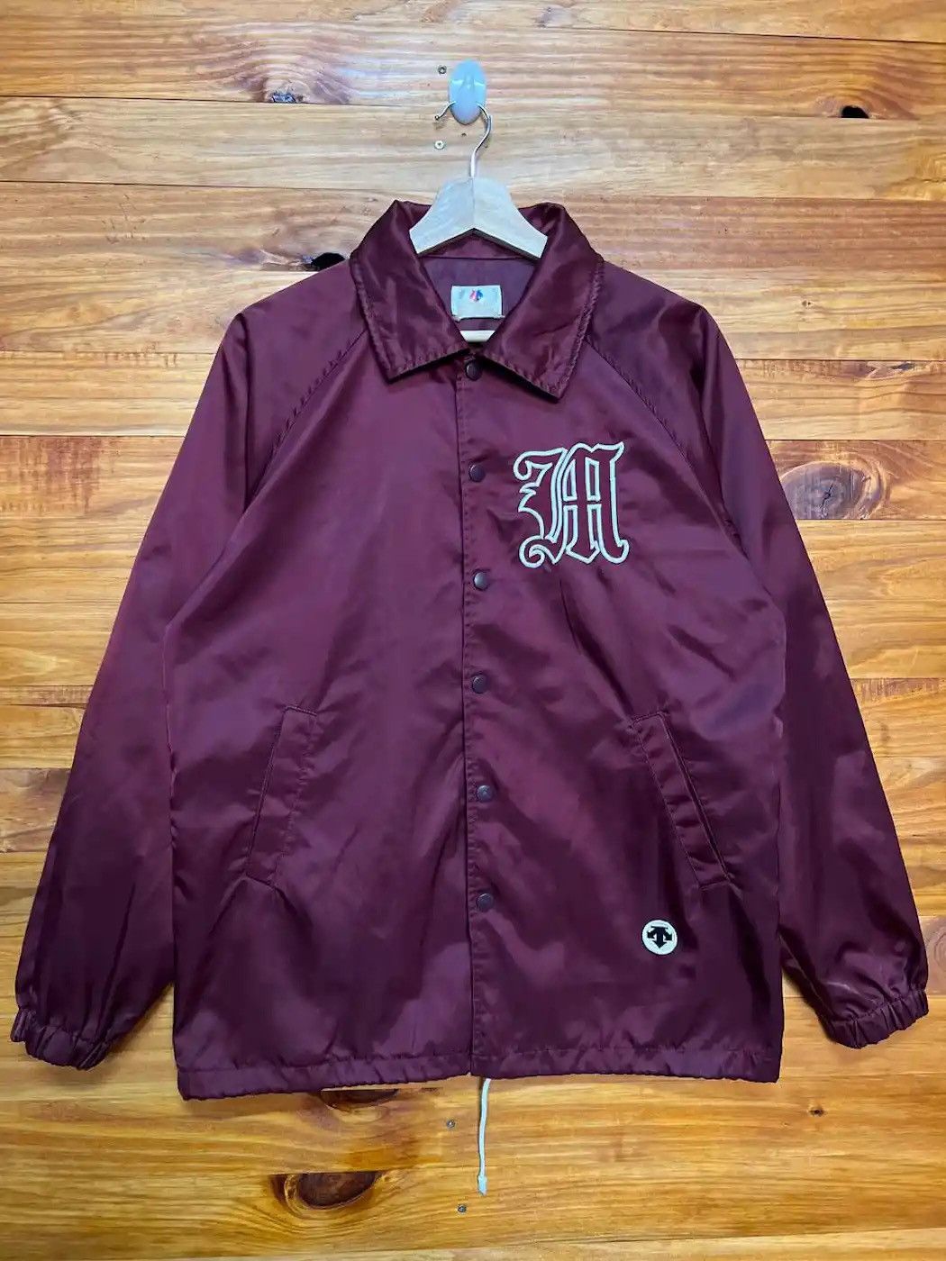 image of 80's Descente Majestic Logo Nylon Coach Baseball Jacket in Maroon, Men's (Size Medium)