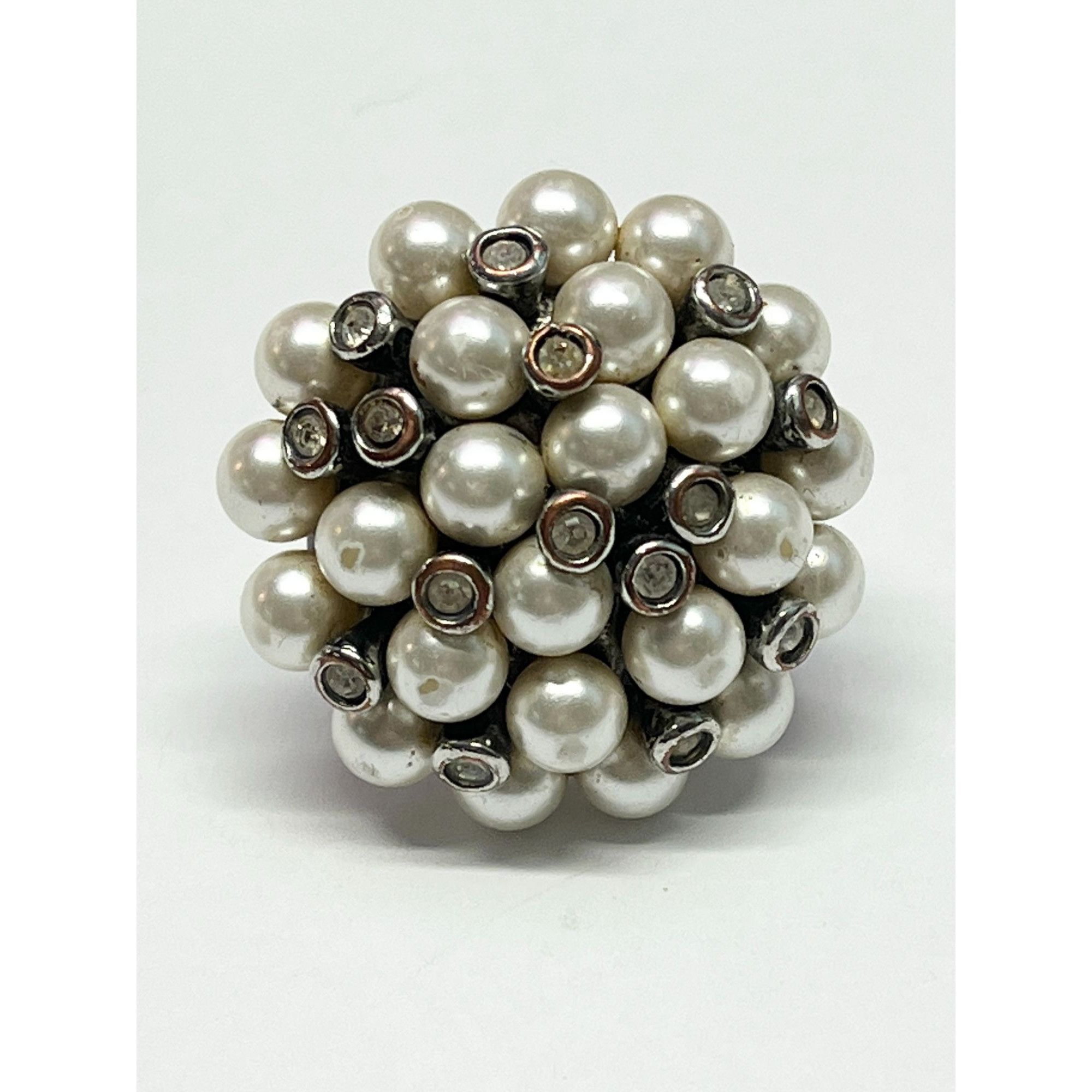Vintage adjustable pearl rhinestone cluster ring