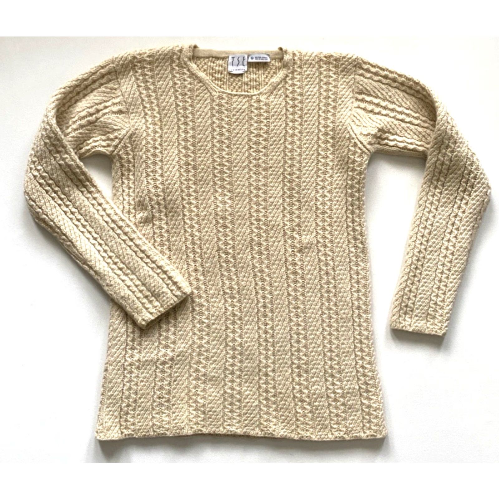 Tse VINTAGE TSE Women's Cable Knit Cashmere Sweater Sz M Crew Neck Ivory 90s Pullover Womens Size M / US 6-8 / IT 42-44 - 2 Thumbnail