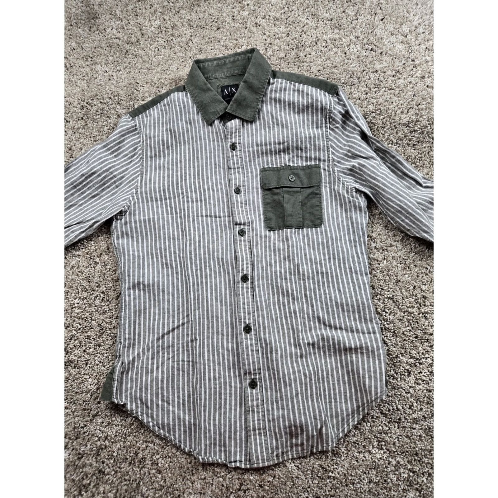 Armani Exchange Armani Exchange Shirt Mens Small Gray Stripe Olive Contrast Slim Linen Cotton Blend Woven Button-Up Long Sleeve Casual Slim Fit Size US S / EU 44-46 / 1 - 3 Thumbnail
