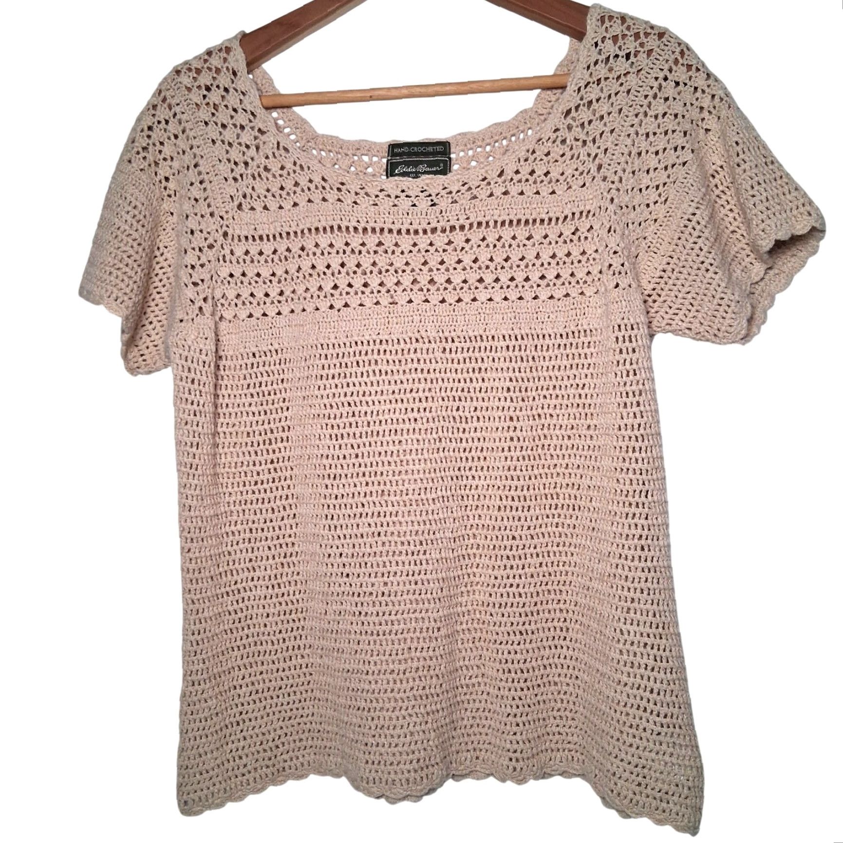 Eddie Bauer Eddie Bauer Sweater Shirt XL Tall Linen Cotton Open Knit Tan Beige Short Sleeve Pullover Bohemian Open Knit Casual Womens Size XL / US 12-14 / IT 48-50 - 2 Thumbnail