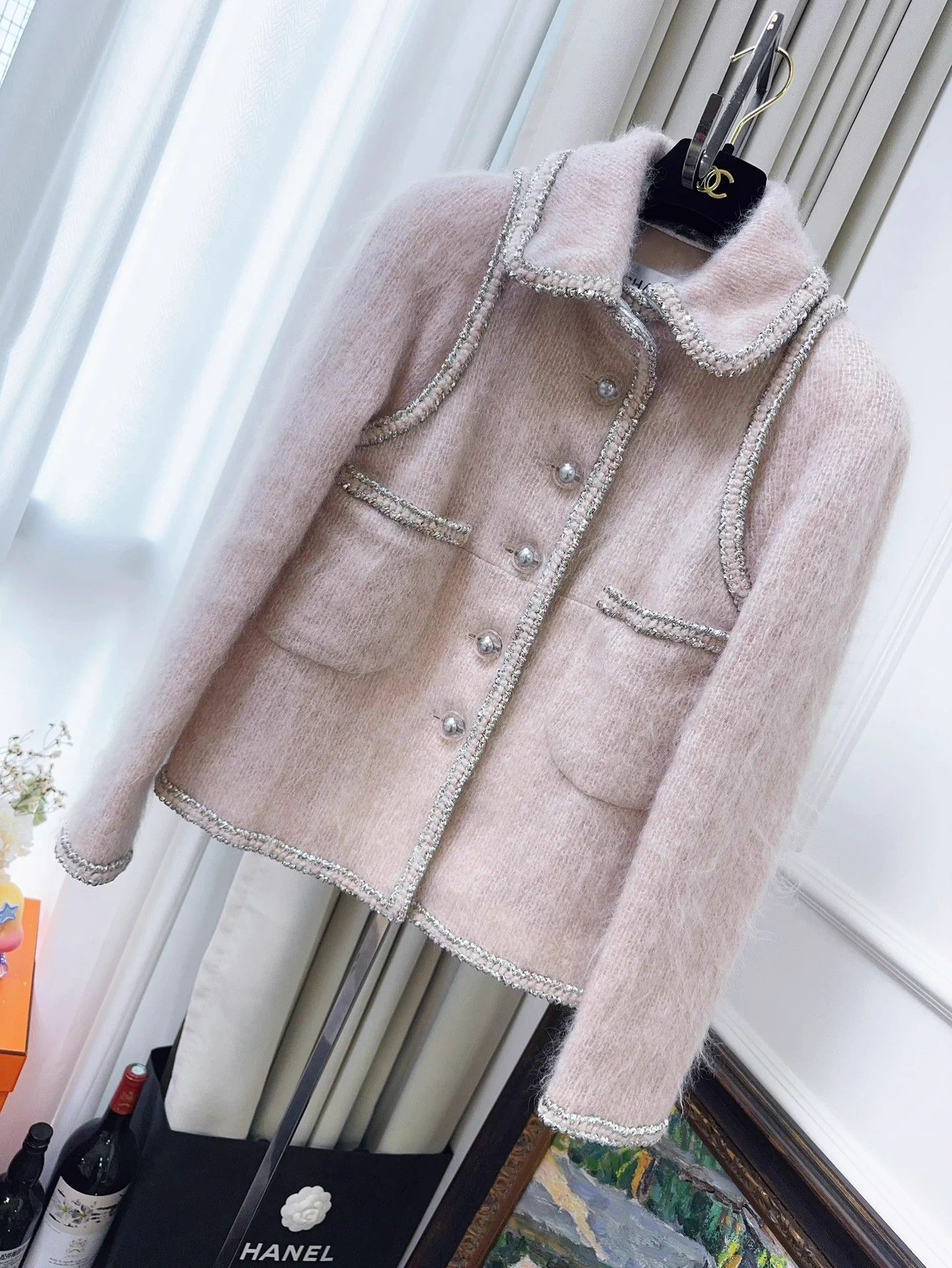 Chanel 17K Blush Pink Mohair Silver Trim 2-Pocket Coat 38