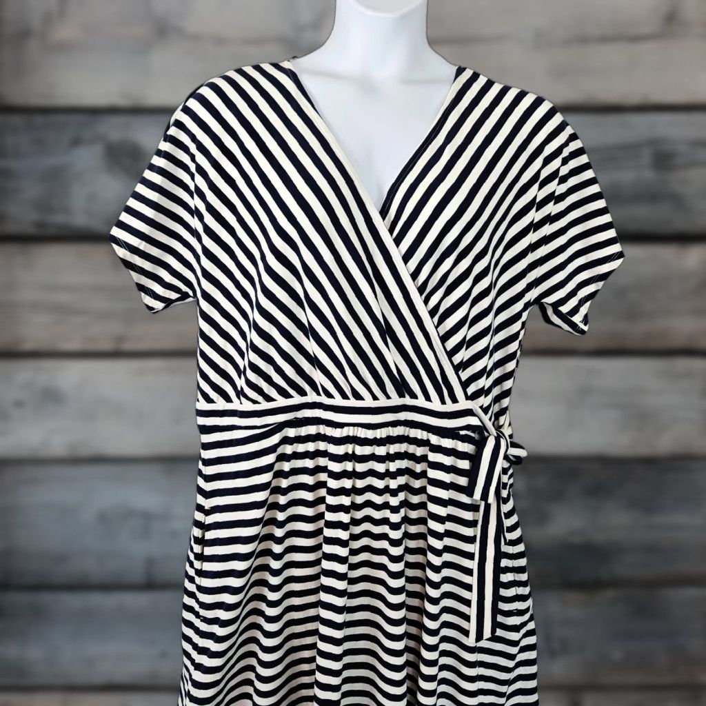 Vintage Joules Womens Faux Wrap Dress Sz 18 Blue White Stripe Pockets Cotton Blend Dress Short Sleeve Plus Size 18 Womens Size XXL / US 16-18 / IT 52-54 - 1 Thumbnail