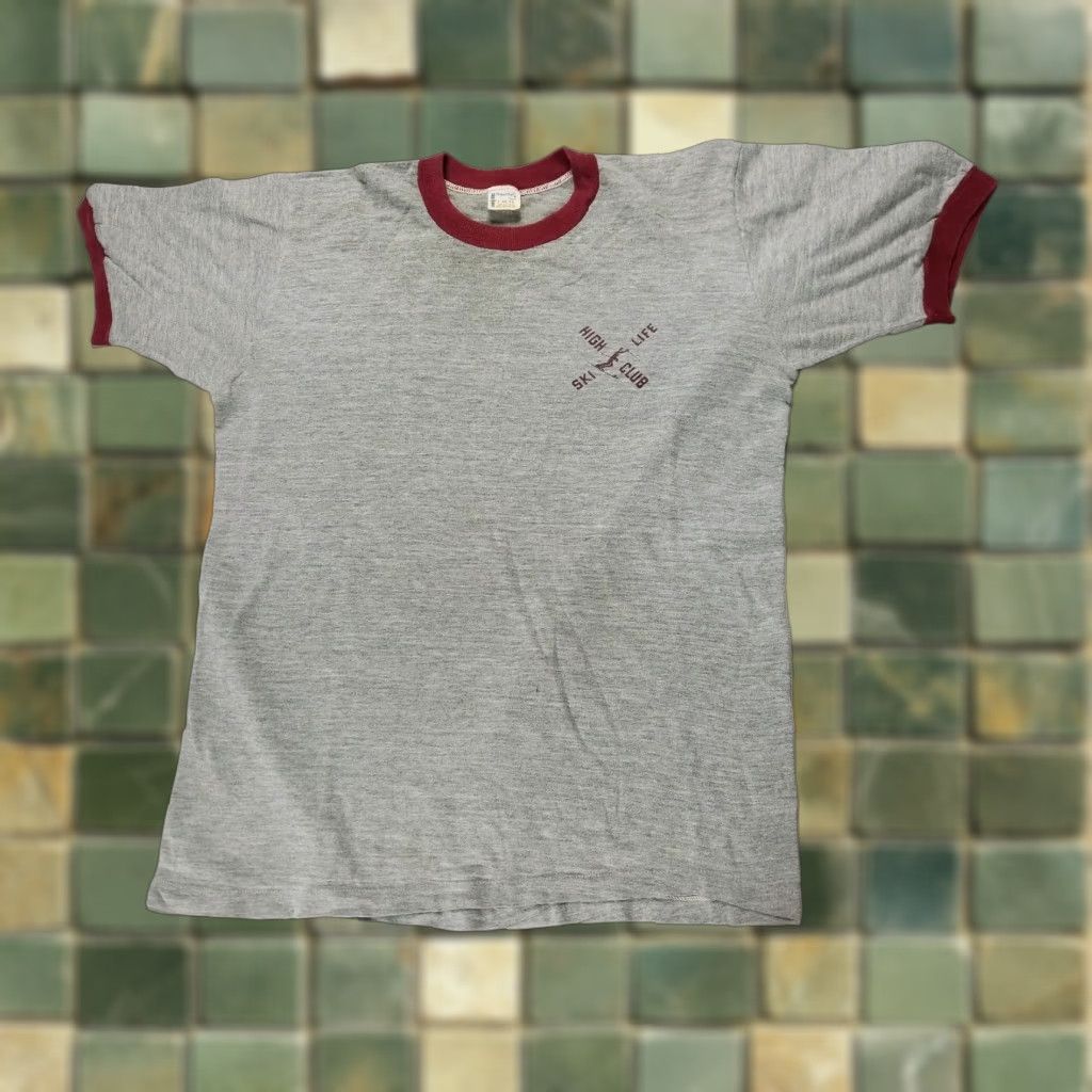 Vintage VINTAGE HIGH LIFE SKI CLUB VERMONT Ringer Heathered Towncraft Large 60S 70S Mens Brown Short Sleeve Polycotton Tee Size ONE SIZE - 1 Thumbnail