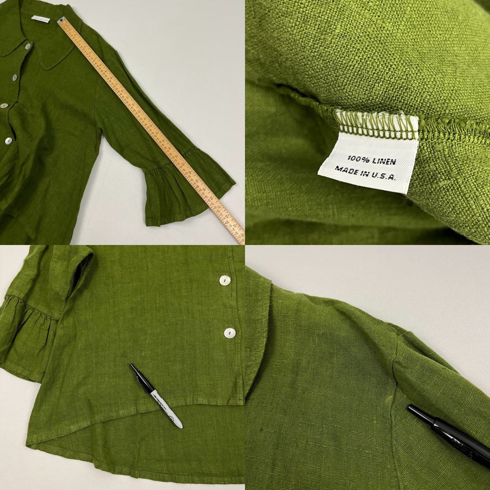 Bryn Walker Top Womens M Green Oversized 100% Linen MOP Buttons Ruffle Lagenlook