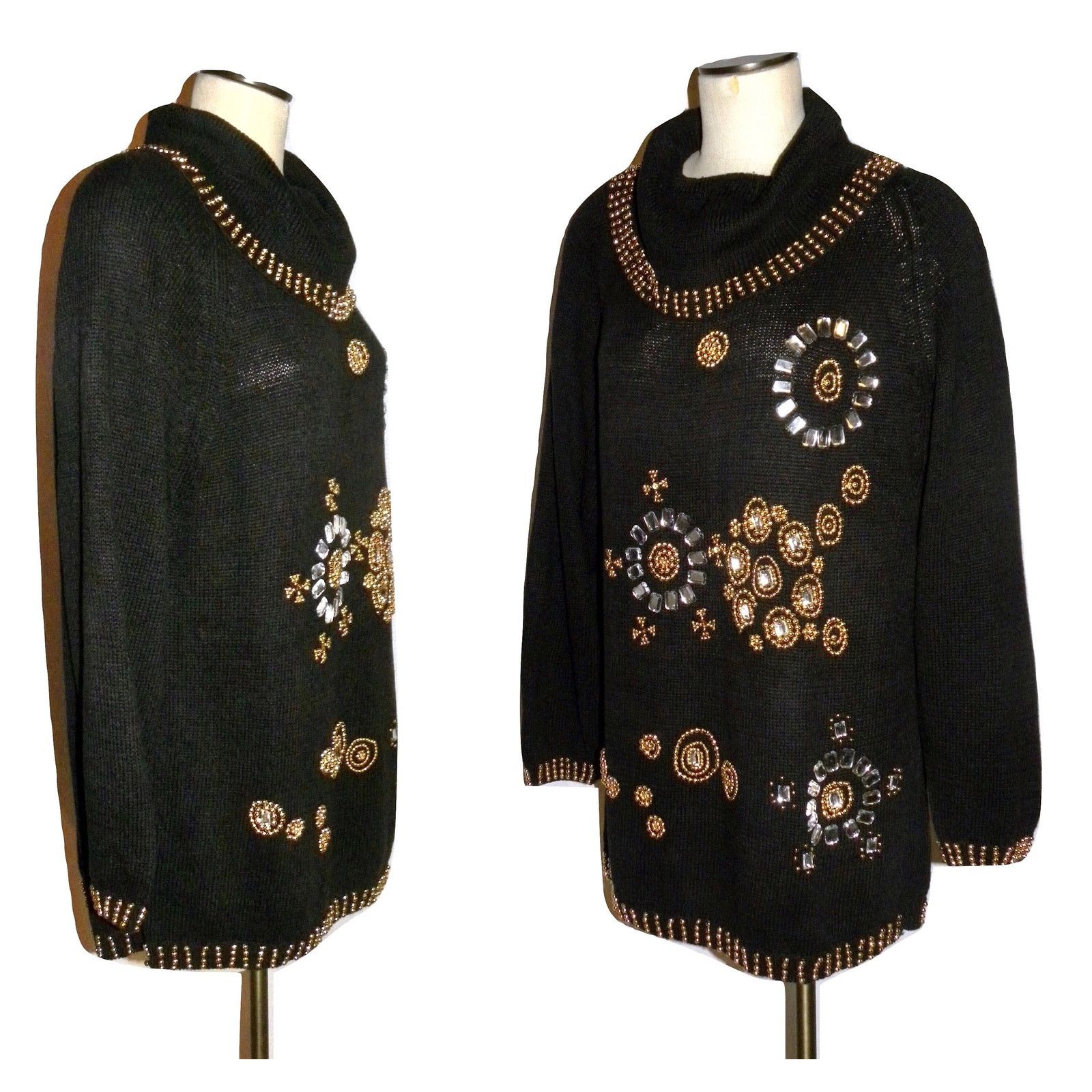 Vintage 90's Black Beaded Jeweled Cowl Neck Sweater Tunic Knit Dress Size M / US 6-8 / IT 42-44 - 4 Thumbnail