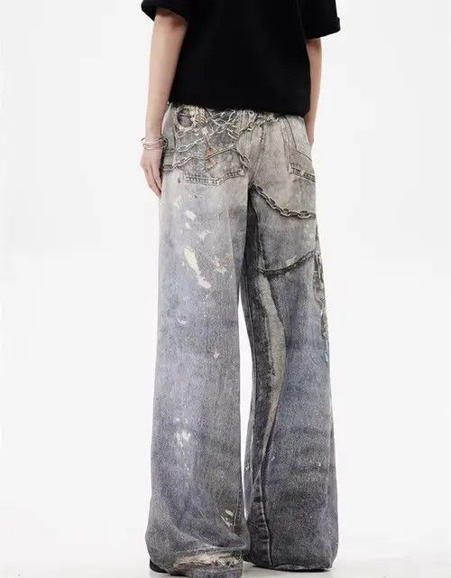 Jean New 3D Chain Graphic Printed Baggy Jeans Unisex Size US 33 - 3 Thumbnail