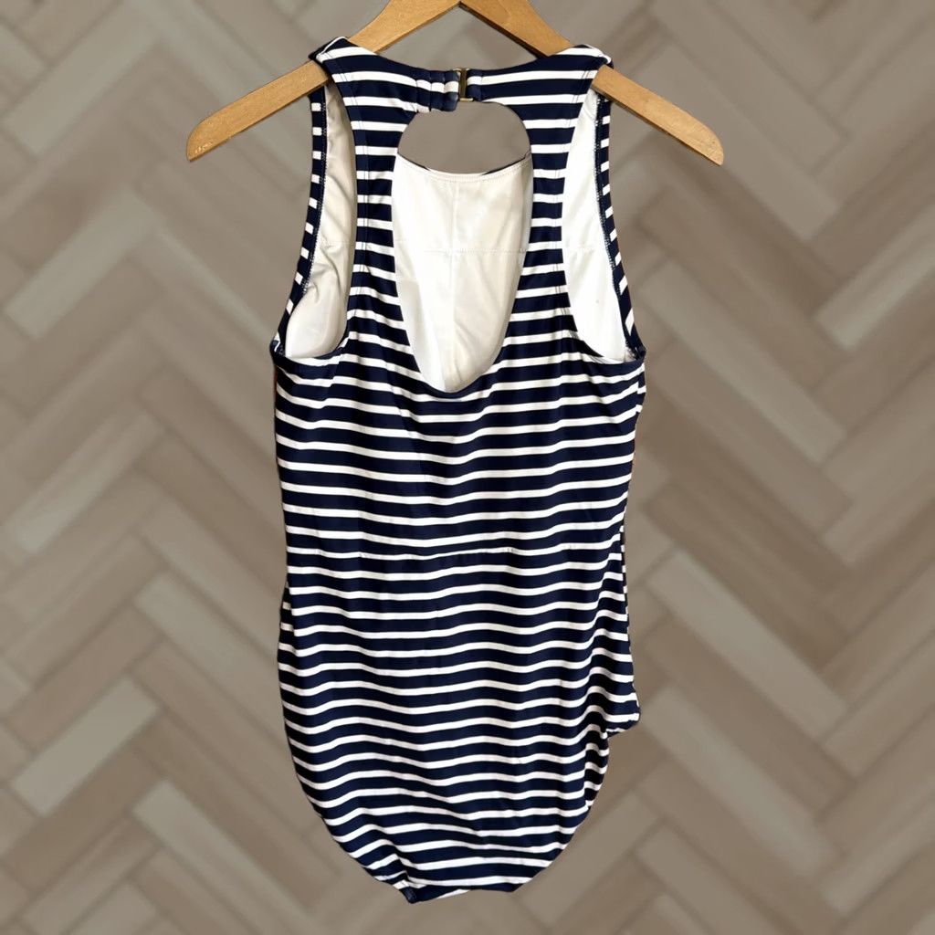 Lands' End Lands' End One Piece Swimsuit Lined Built-In Bra Removable Pads High Neck Blue & White Striped Women Size L Size ONE SIZE - 1 Thumbnail