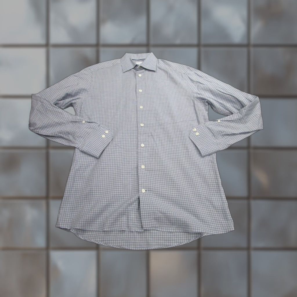 Eton ETON Dress Shirt Medium Gray Blue Check Cotton Contemporary Fit Long Sleeve Mens Size 40R - 1 Thumbnail
