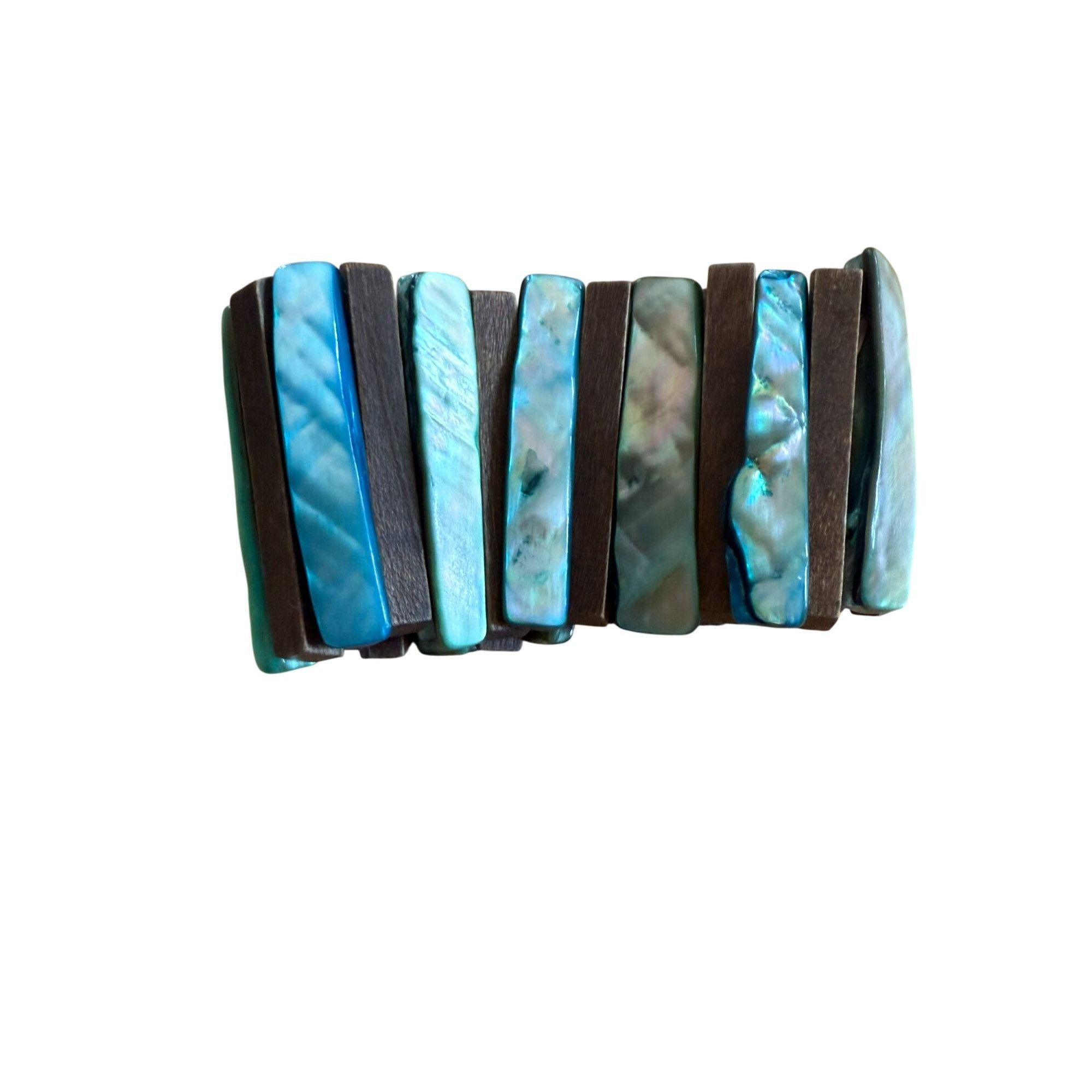Other Handcrafted Stretch Bracelet With Blue & Brown Shell & Wood Size ONE SIZE - 3 Thumbnail