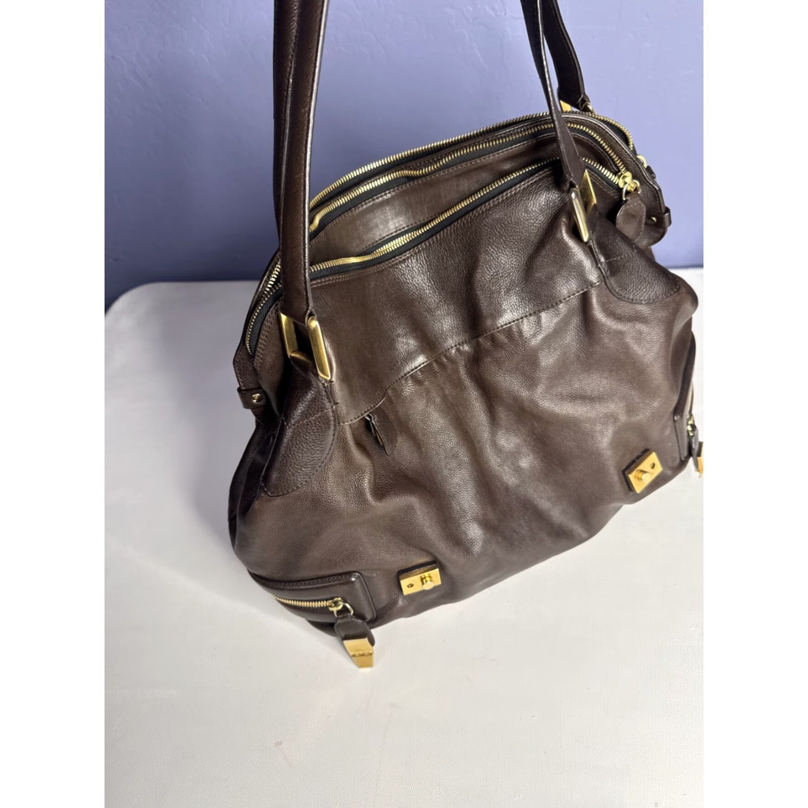 Vintage Chole Shoulder Bag Brown Leather Calfskin Cary Zipped Purse Gold Accents Women Medium? Size ONE SIZE - 7 Thumbnail