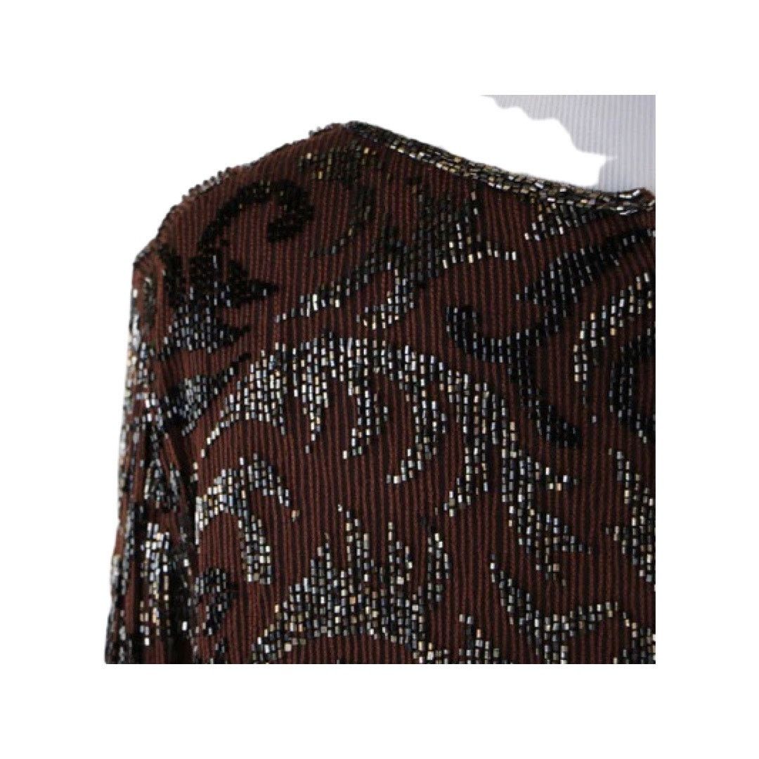 Vintage Frank Usher Sequin Top Brown Black Beaded Silk Blouse Medium Size M / US 6-8 / IT 42-44 - 4 Thumbnail