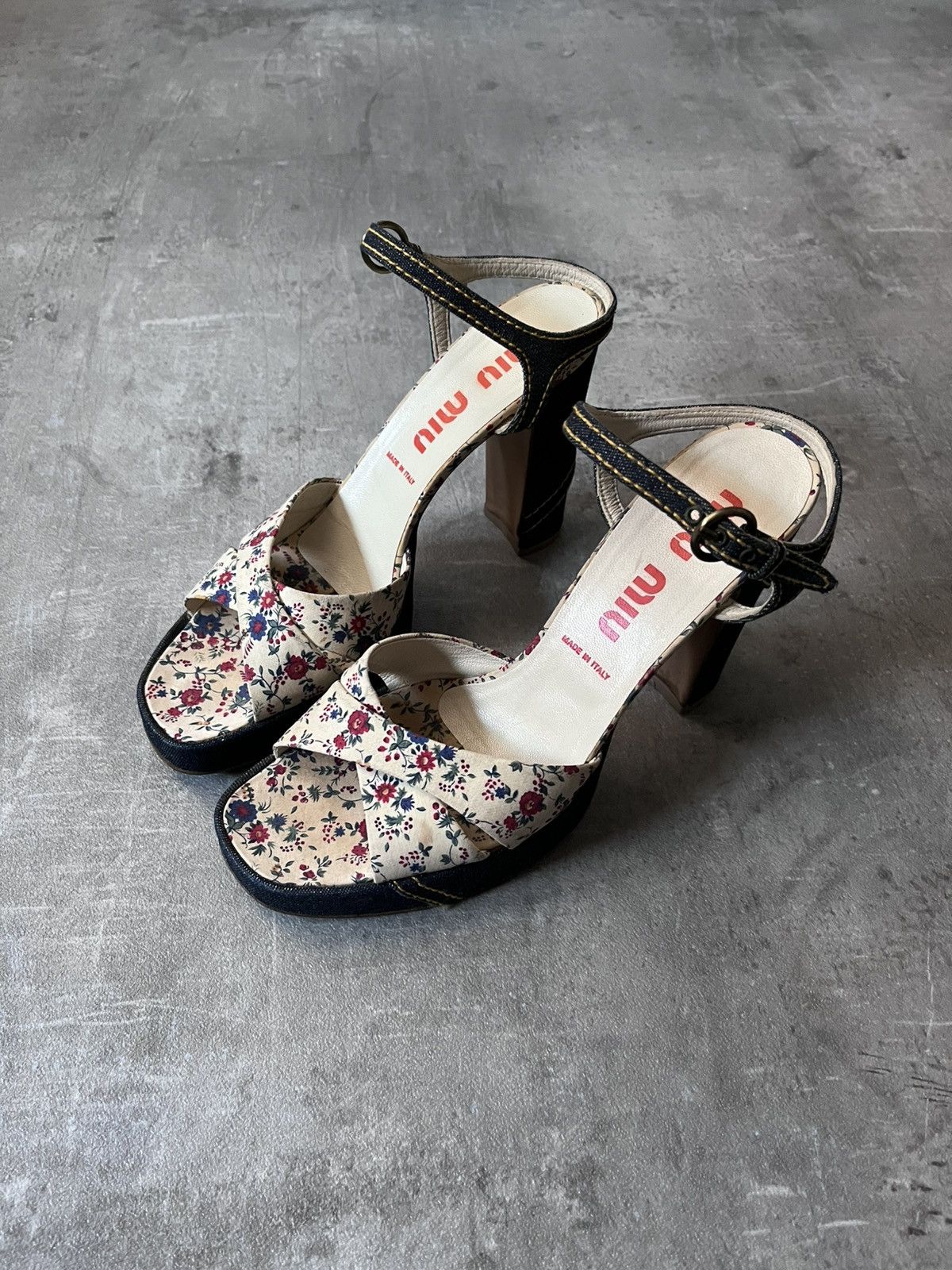 Miu Miu Miu Miu 90s floral heels denim platforms Size US 10 / IT 40 - 1 Thumbnail