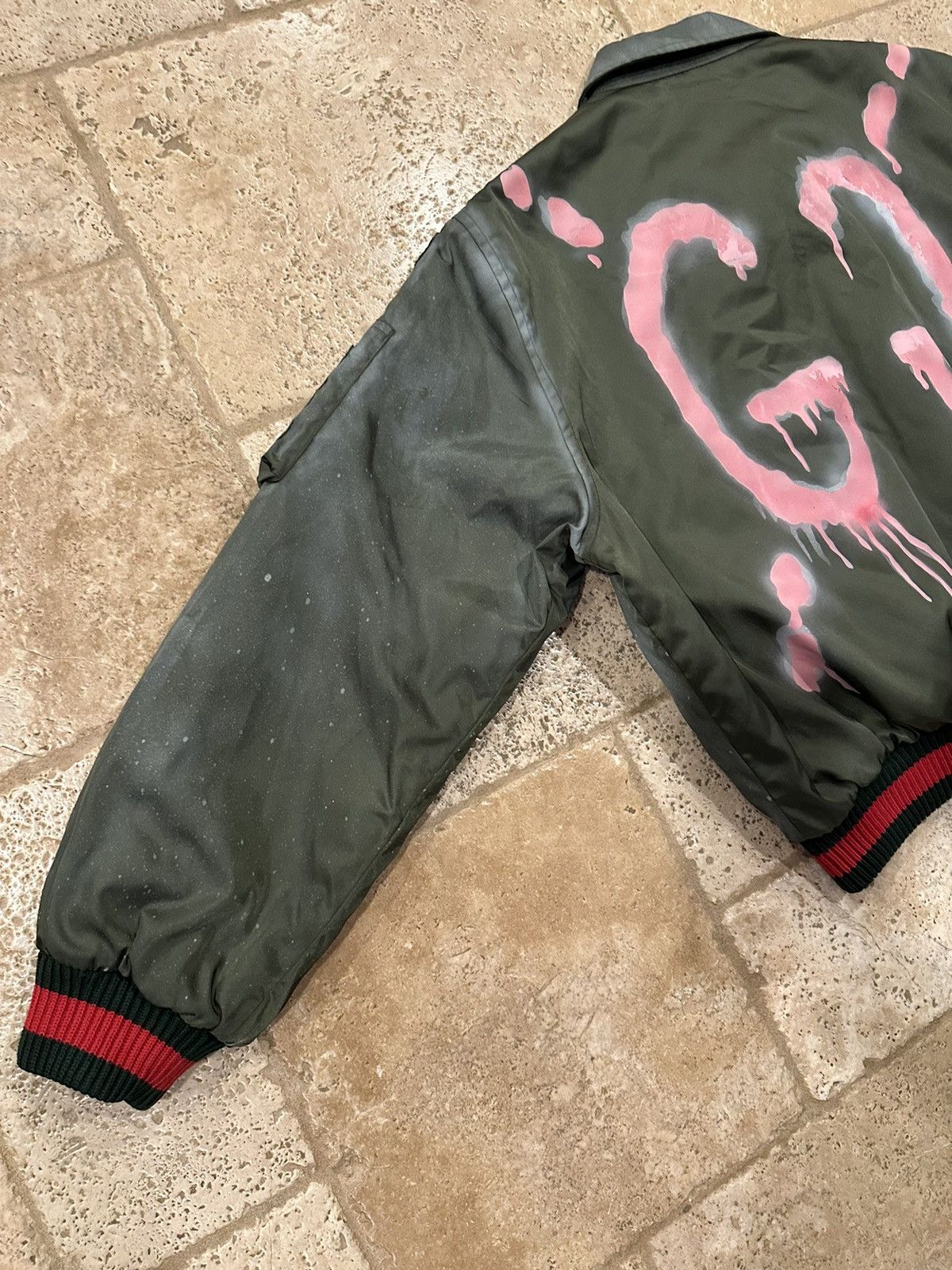 Gucci Hand Painted Ghost Bomber Olive Green Jacket