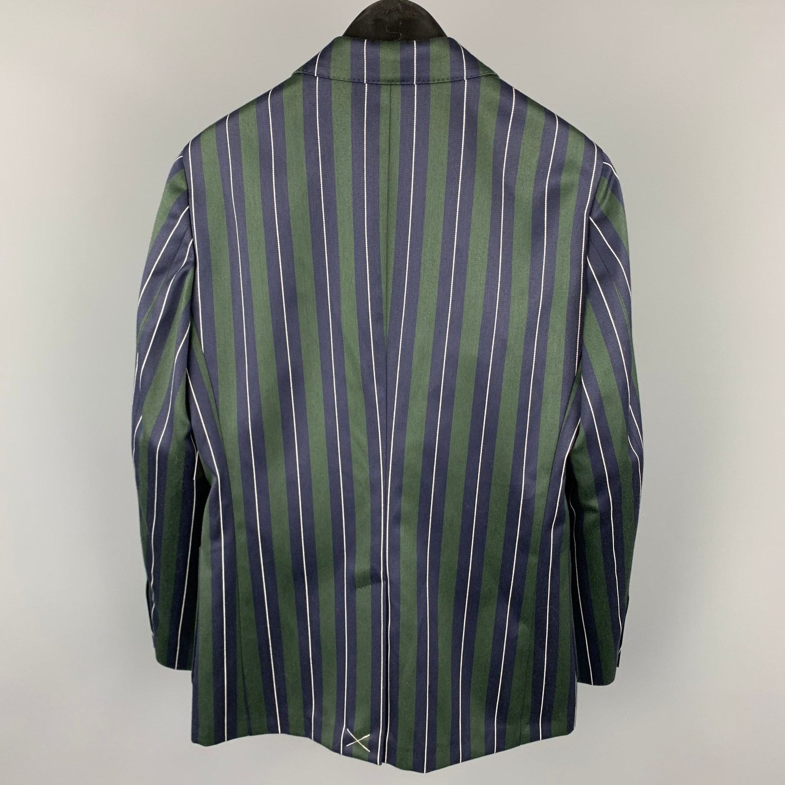 Burberry Regular Green & Navy Vertical Stripe Wool/Cotton Notch Lapel Size 36R - 3 Thumbnail