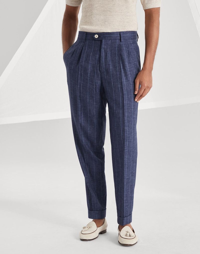 Brunello Cucinelli o1la1rc1a0326 Stripe Fresco Leisure Fit Trousers in Blue Size US 30 / EU 46 - 1 Thumbnail