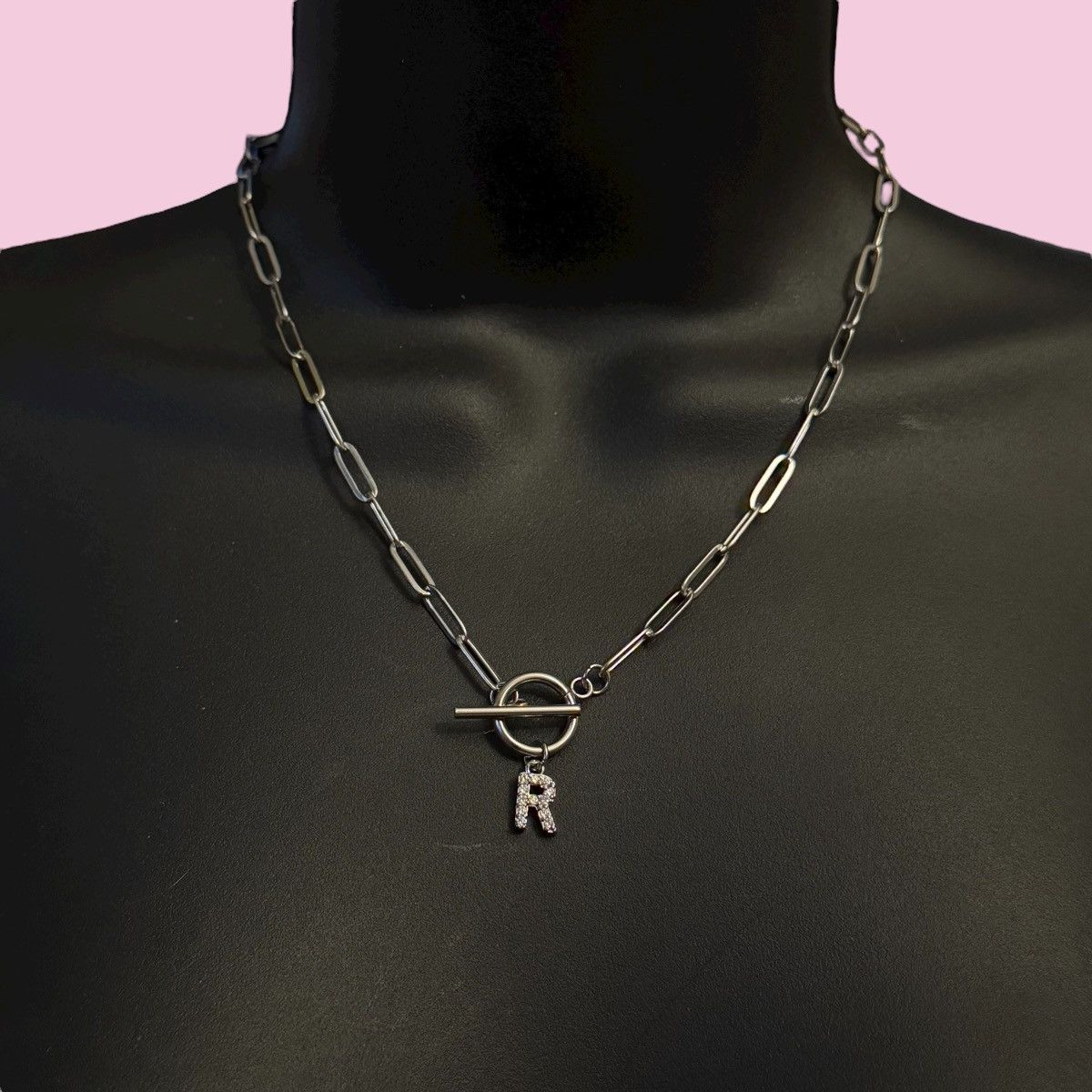 Other Silver tone paper clip link pave initial R toggle necklace Size ONE SIZE - 1 Thumbnail