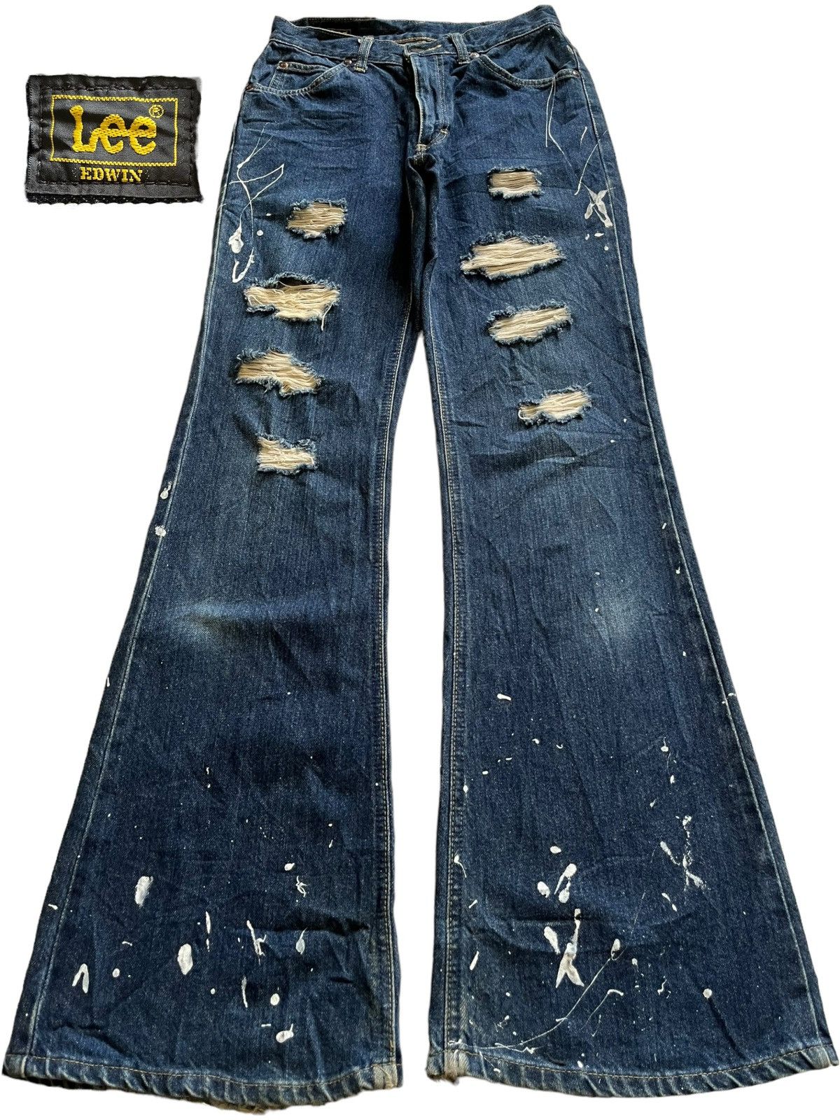 Edwin × Lee Vintage Japanese Lee Sanforized Splatter Ripped Flare Jeans Size 26" / US 2 / IT 38 - 1 Thumbnail