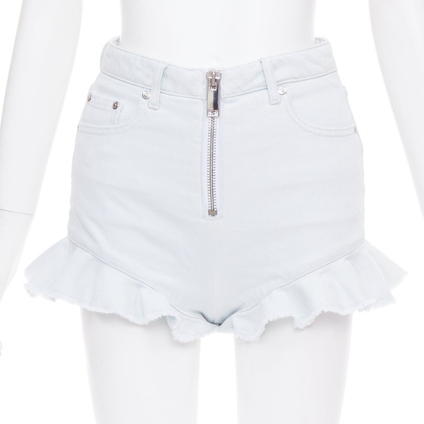 MSGM MSGM light blue washed ruffle hem zipper front mini shorts IT38 XS Size 26" / US 2 / IT 38 - 1 Thumbnail