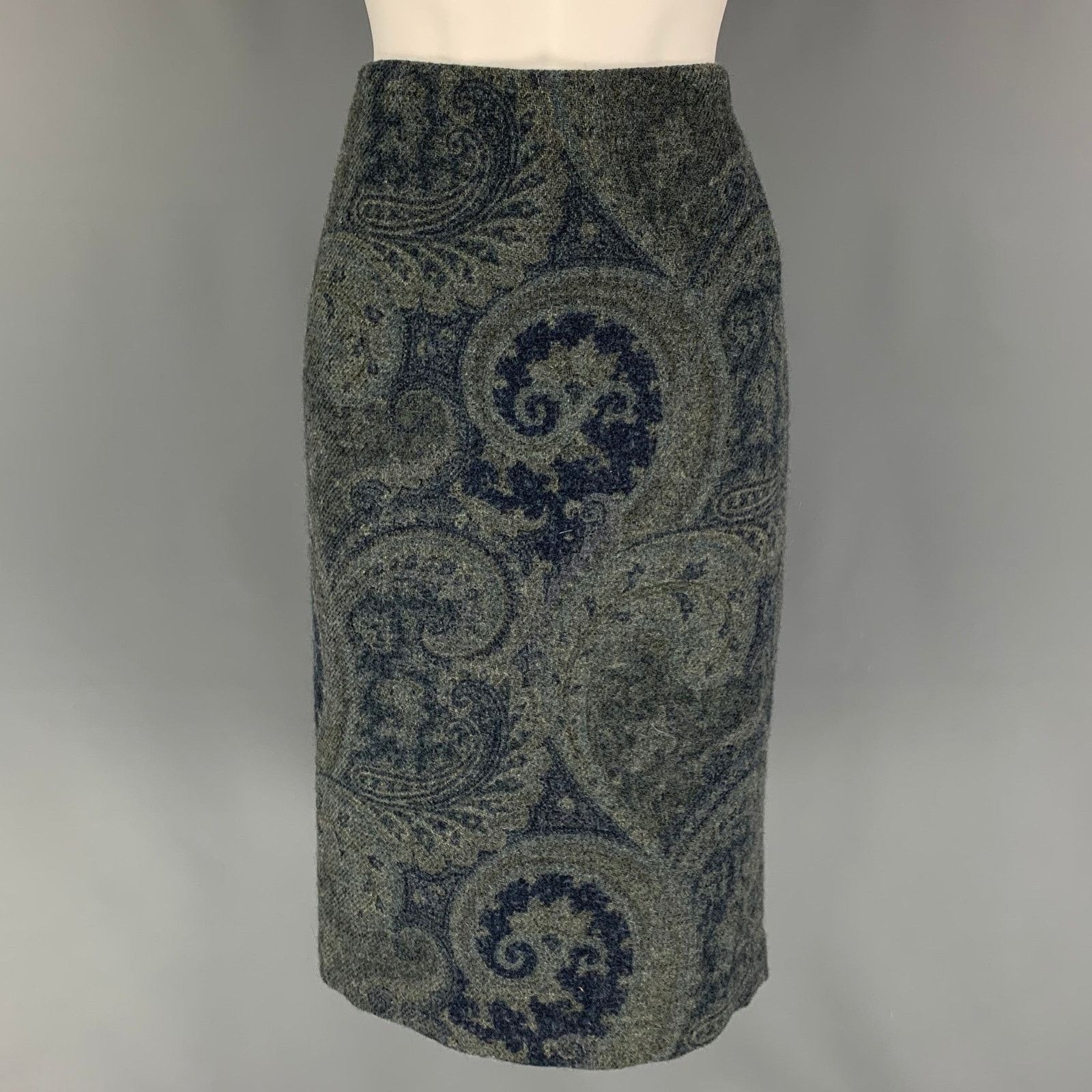 Ralph Lauren Size 4 Blue Grey Wool Paisley Pencil Below Knee Skirt Size 27" / US 4 / IT 40 - 1 Thumbnail