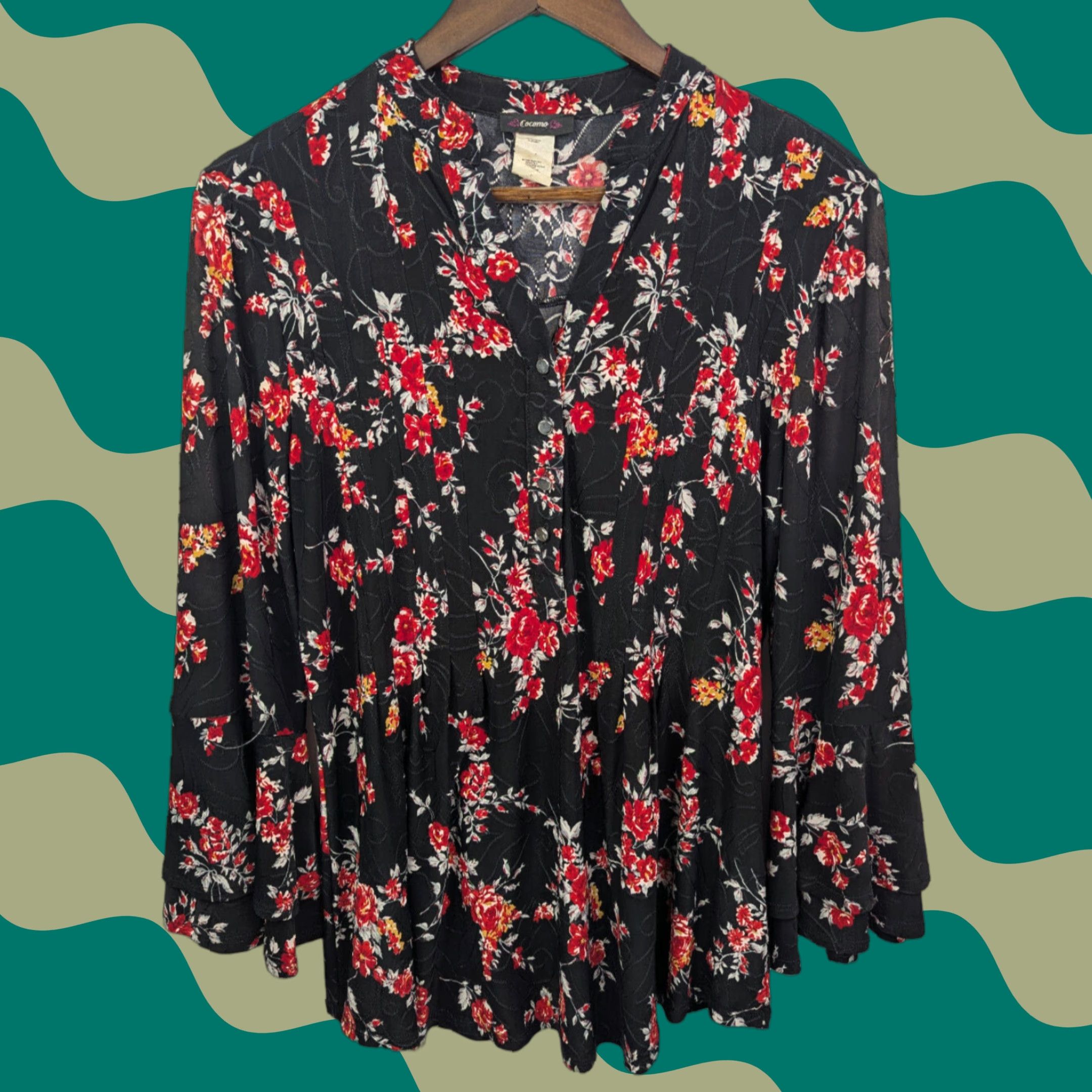 Bell Cocomo Women's Black Floral Top Blouse S Knit Long Bell Sleeve V-Neck Pleated Shirt Shirt-Style Purled? Size S / US 4 / IT 40 - 1 Thumbnail
