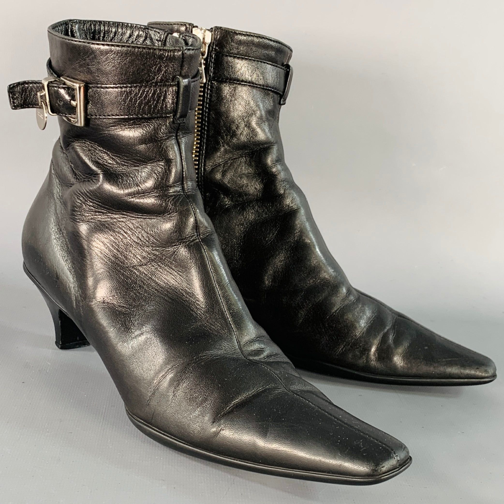 Prada 7 Black Leather Kitten Heel Shoes Side Zipper Belted Ankle Boots, Women's