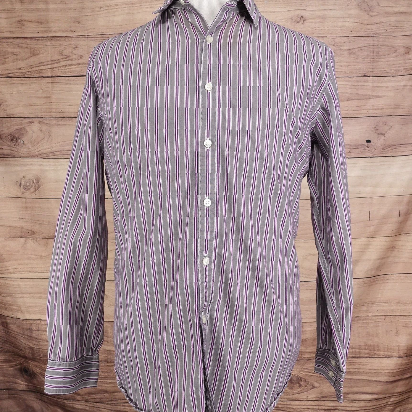 Liz Claiborne Claiborne Shirt Large Gray Purple Stripe Long Sleeve Button Up Slim Fit 80s 2ply Size US L / EU 52-54 / 3 - 3 Thumbnail