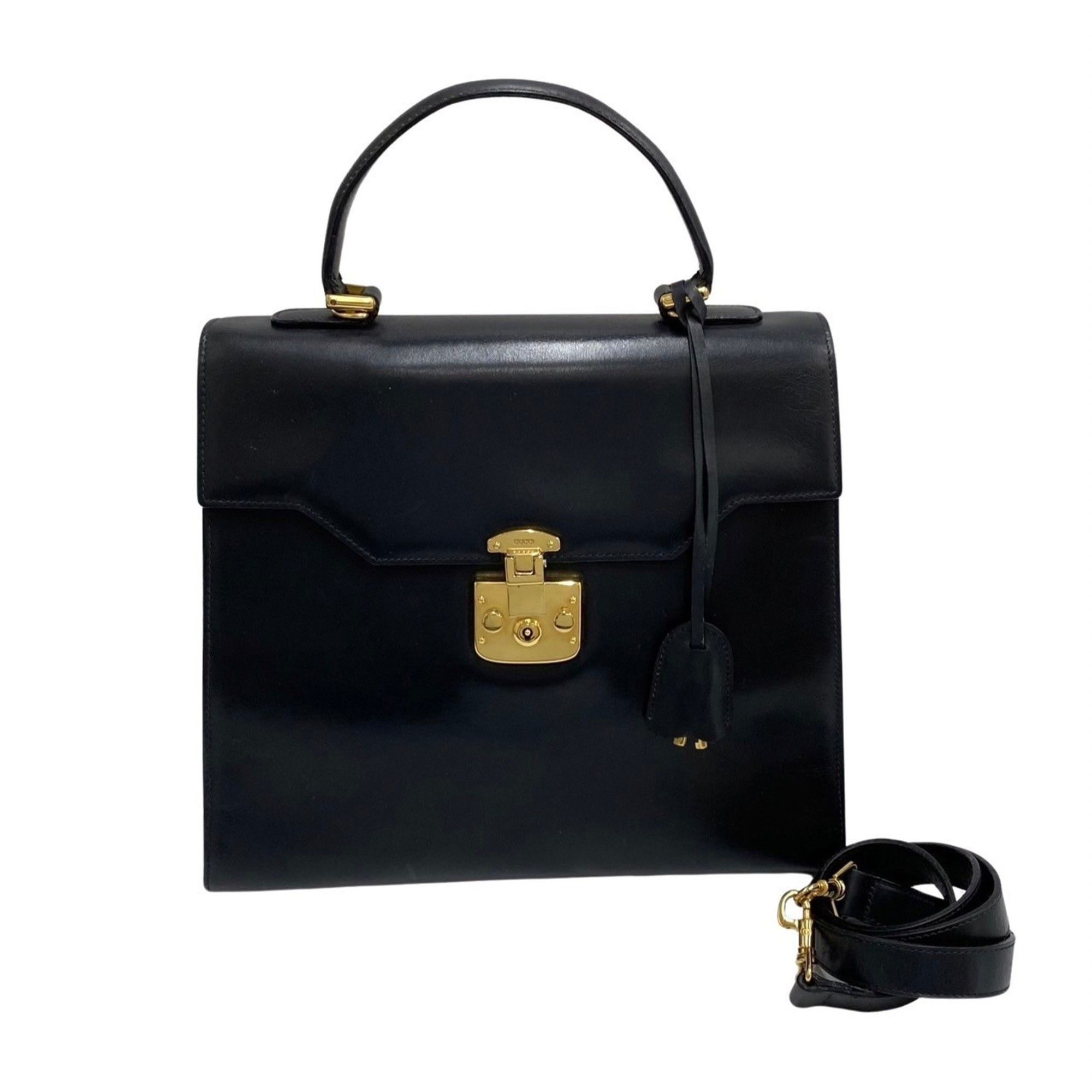 image of Gucci Old Vintage Ladylock Calf Leather 2Way Handbag Shoulder Bag Black 15439, Women's