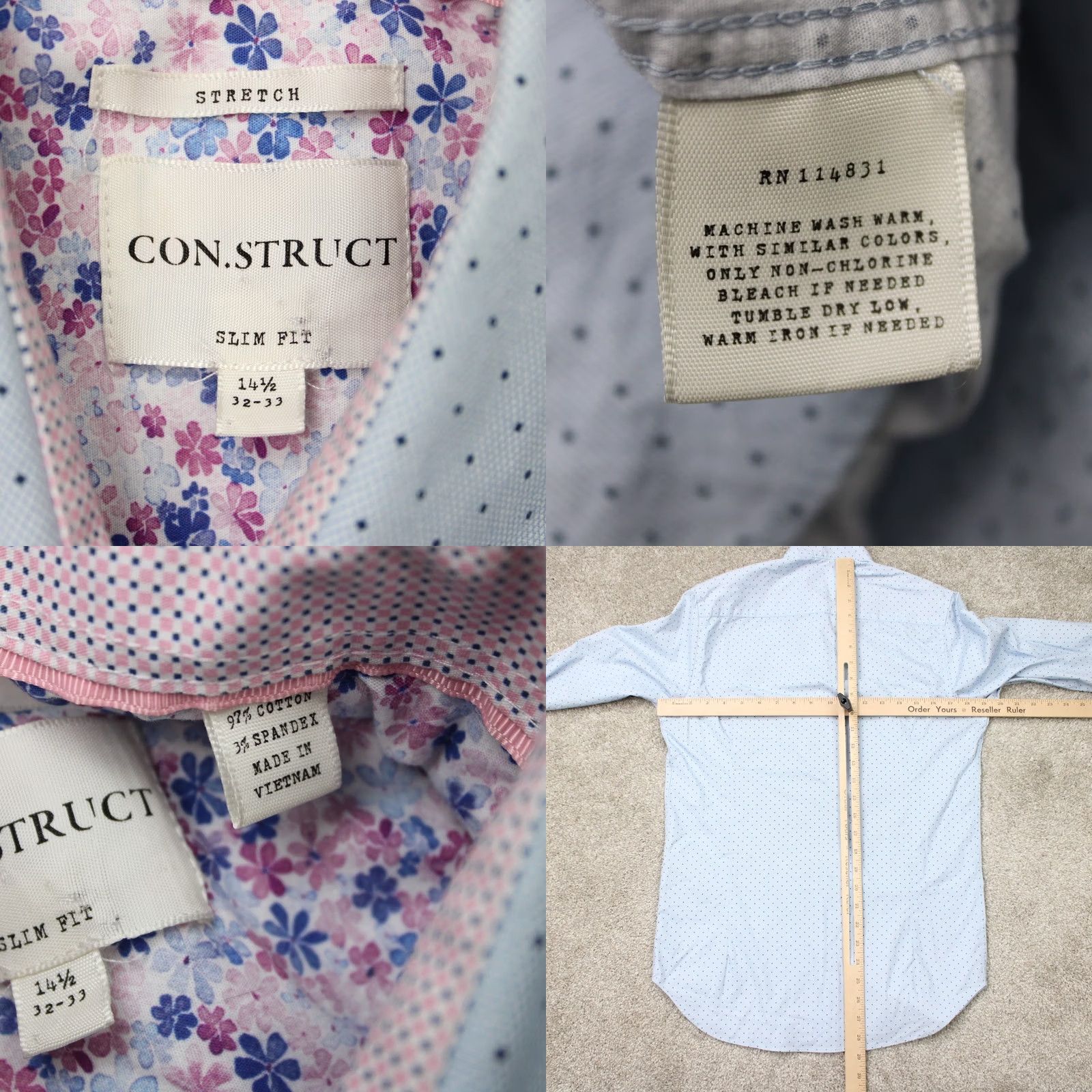 Vintage Construct Shirt Men 14 1/2, 32/33 Blue/Pink Slim Fit Stretch Cotton L/S Dress Shirt Size US M / EU 48-50 / 2 - 8 Thumbnail