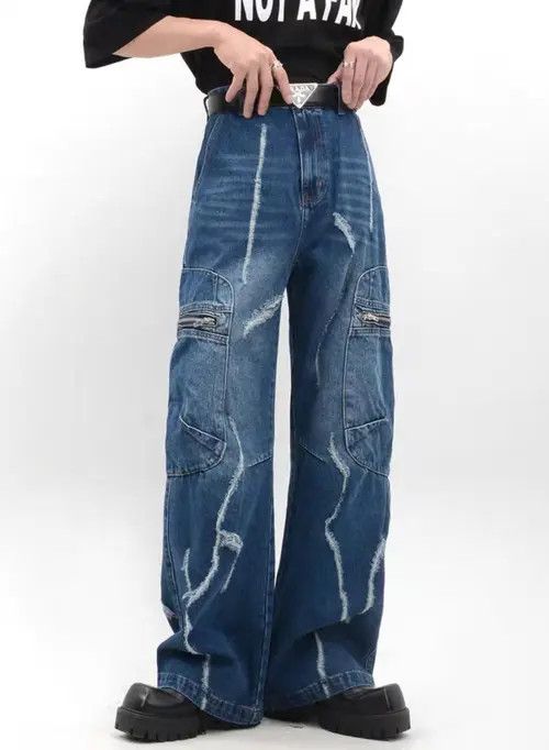 VIBE Retro raw edge washed distressed wide leg jeans Size US 32 / EU 48 - 6 Thumbnail