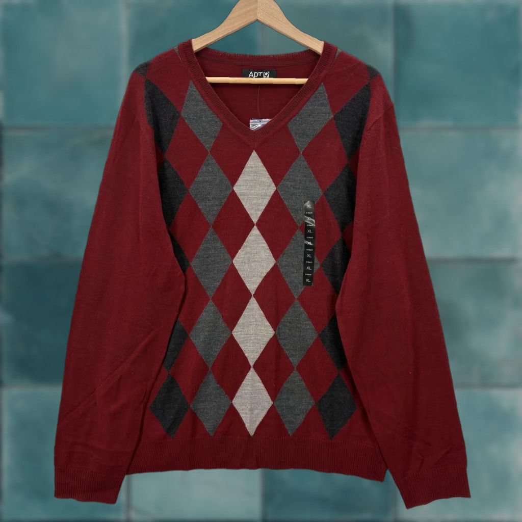 Apt. 9 Apt. 9 Sweater Mens XL Red Argyle V Neck Merino Wool Blend Knit Top Grandpa Size US XL / EU 56 / 4 - 1 Thumbnail