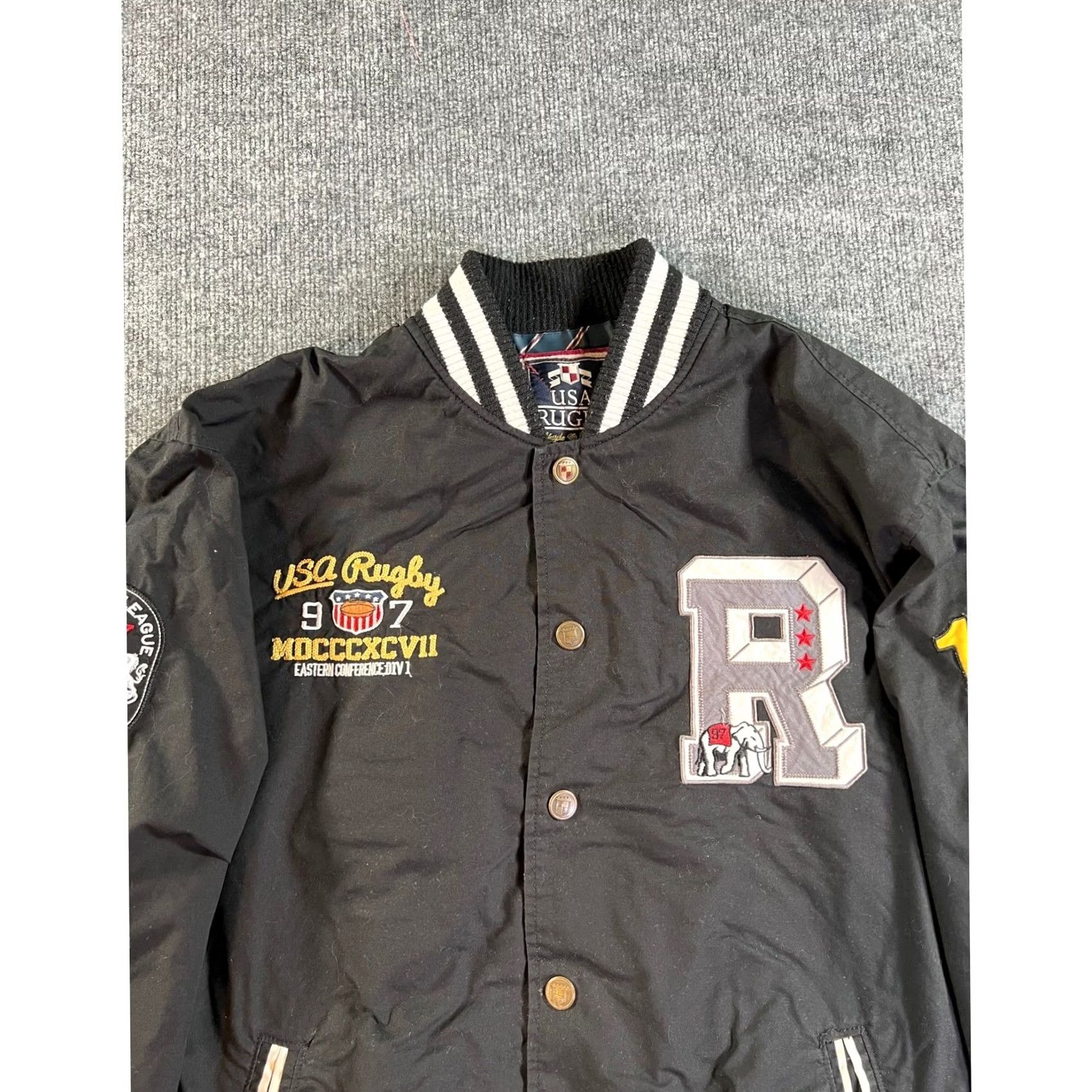 Vintage USA Rugby Varsity Bomber Jacket Mens 3XL Black Patchwork Snap Front Collegiate Size US XXL / EU 58 / 5 - 3 Thumbnail