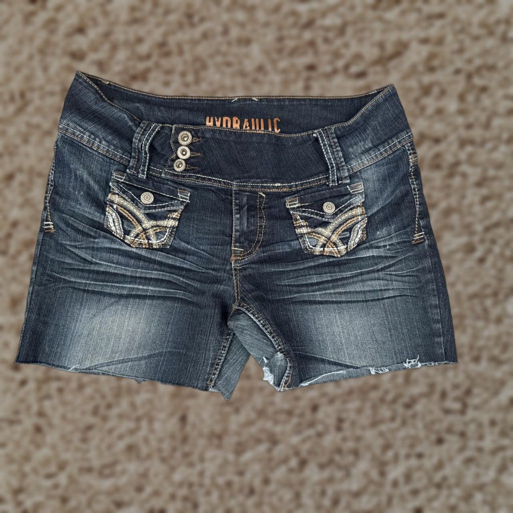 Denime HYDRAULIC Denim Shorts Cut-Off 32x5 Juniors 13/14 Blue Embroidered 5-Pocket Raw Hem Zip Front Waist Logo, Casual, Spring Summer, Women, Junior Size 14 Size 36" / US 14 / IT 50 - 1 Thumbnail