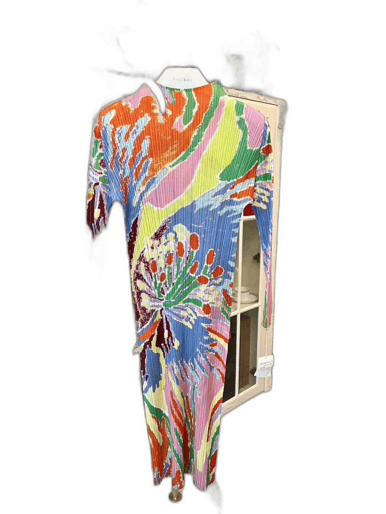Issey Miyake Colorful Pleated Dress with Floral Design-yf Size 22" - 1 Thumbnail